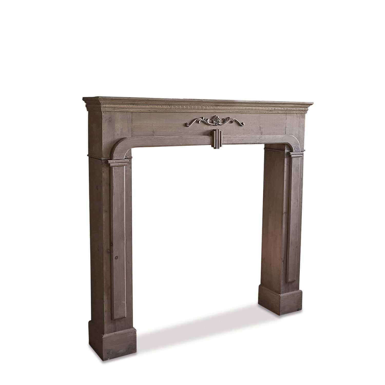 Kaminkonsole Vaine Klassische Kaminumrahmung aus grauem Holz mit dekorativem Detail im Vintage-Stil