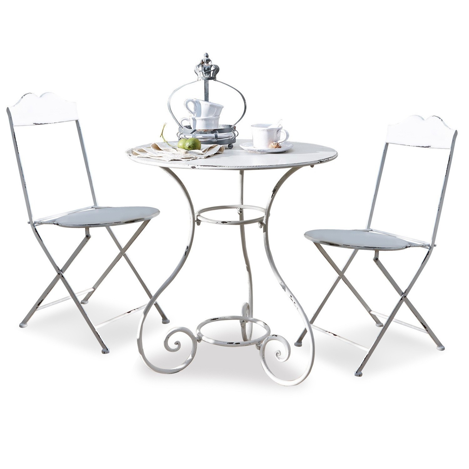 Sitzgruppe Iteuil Weisser Metall-Bistrotisch mit zwei klappbaren Stühlen im Vintage-Stil für Garten oder Balkon