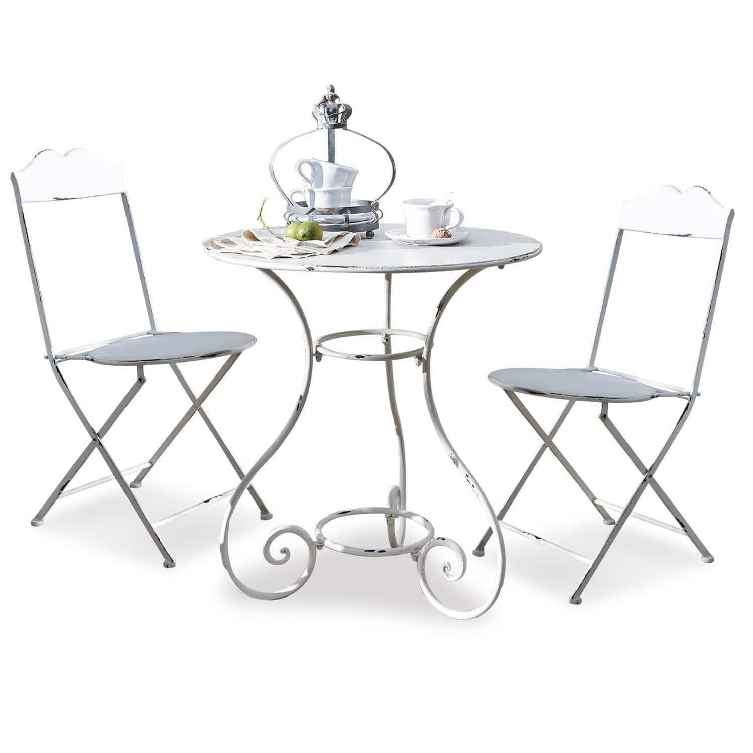 Sitzgruppe Iteuil Weisser Metall-Bistrotisch mit zwei klappbaren Stühlen im Vintage-Stil für Garten oder Balkon