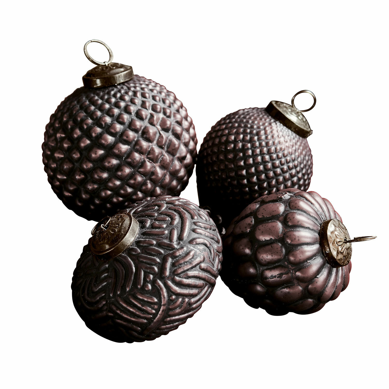lila 4-teiliges Set violette Weihnachtskugeln mit strukturierter Oberfläche aus Glas und Metall
