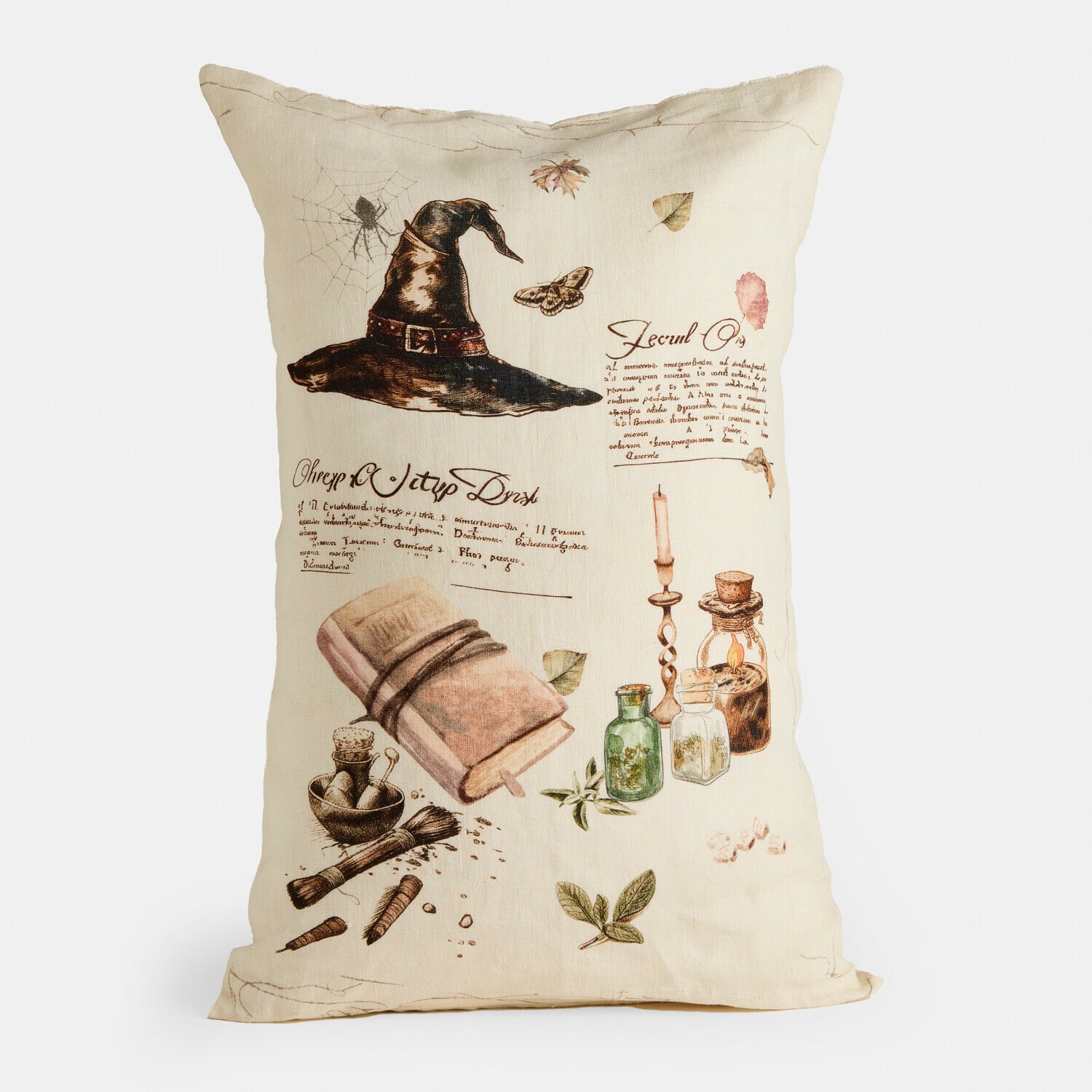 Kissenhülle Maerlinna Beige Leinen-Kissenhülle mit Druck eines schwarzen Hutes und alten Apothekenflaschen