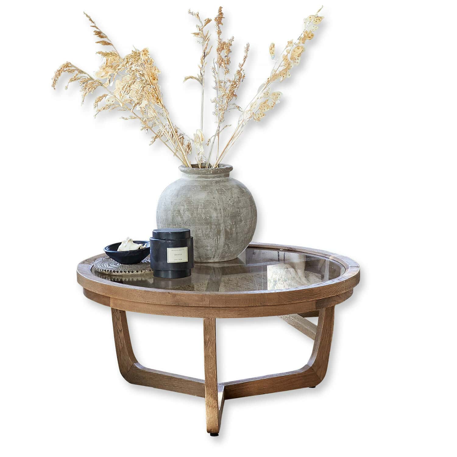 Couchtisch Gradn Enclos Runder Couchtisch aus Holz und Glas mit dekorativer Vase und getrockneten Blumen in Naturtönen
