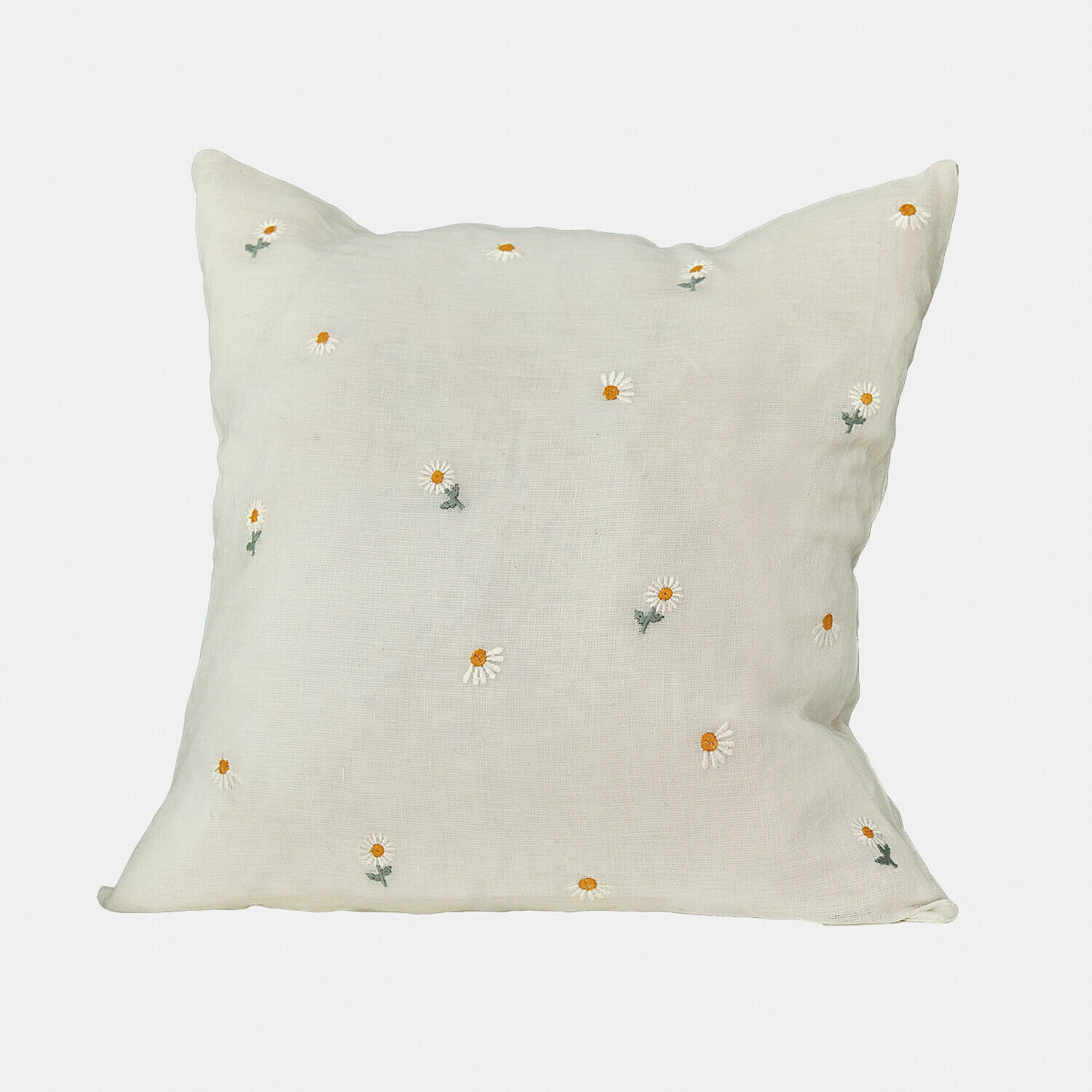 Beiges Leinenkissen mit bestickten weissen und gelben Gänseblümchen, dekoratives Wohnaccessoire