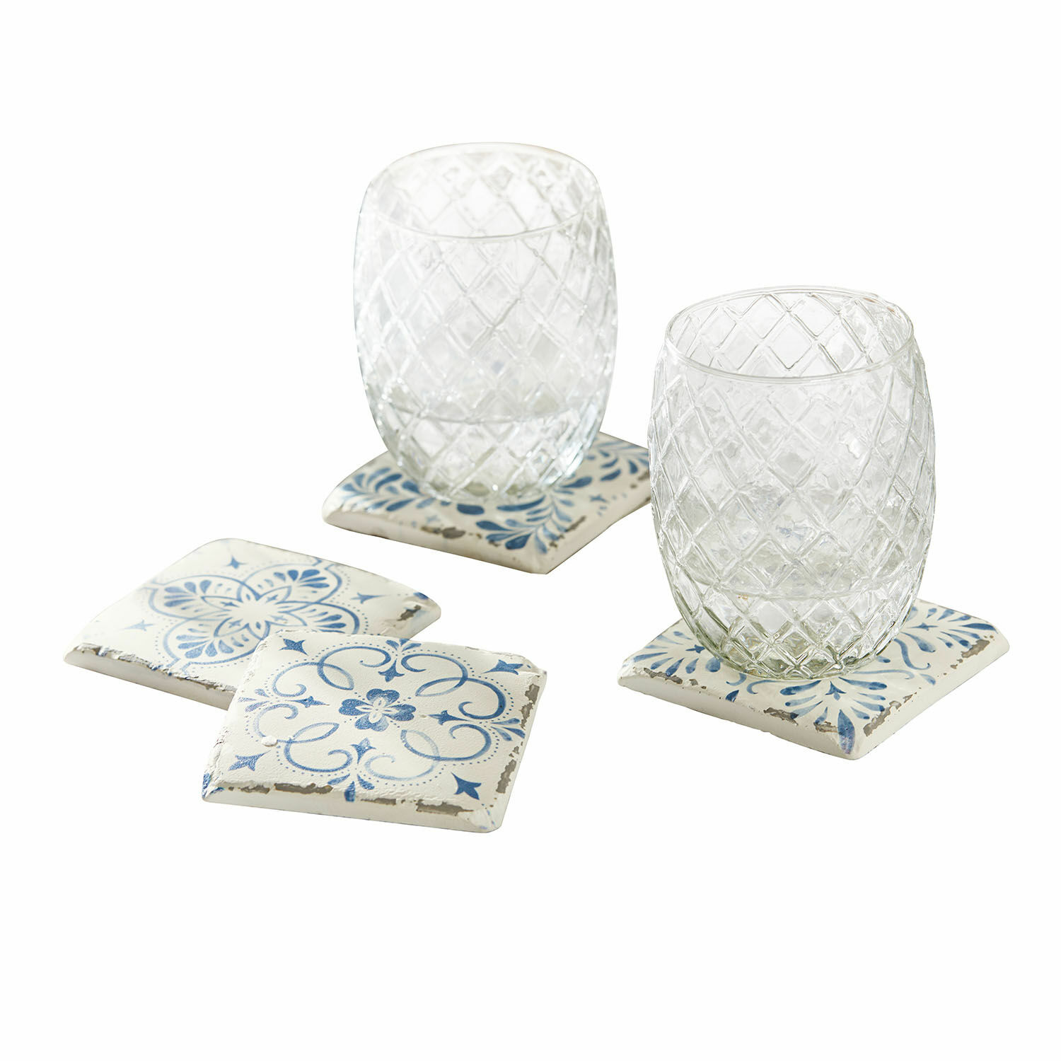 Untersetzer 4er Set Évry Set aus weissen und blauen Keramikuntersetzern mit dekorativem Muster, ideal für zu Hause