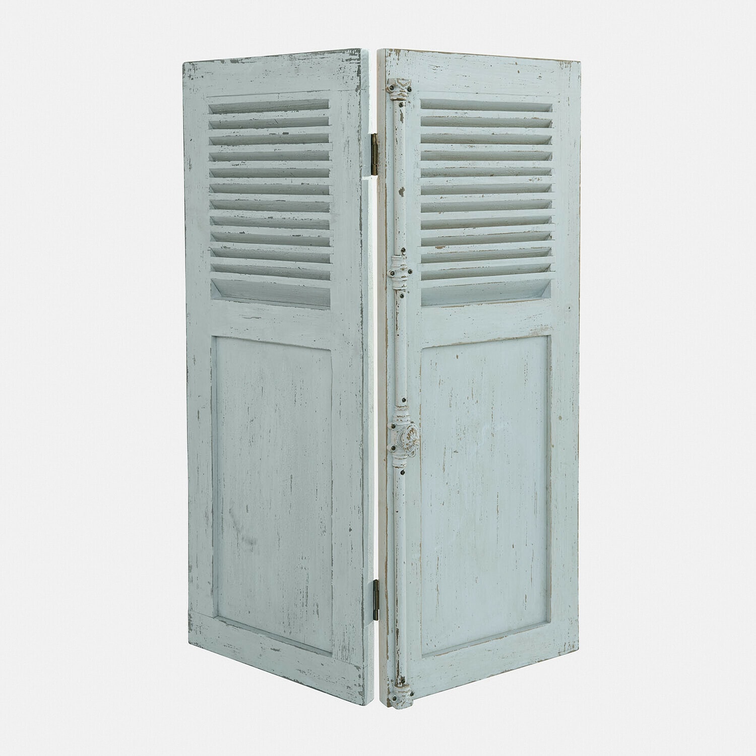 Zweiflügeliger Vintage-Holzparavent in Hellblau mit Shabby-Chic und Lamellen