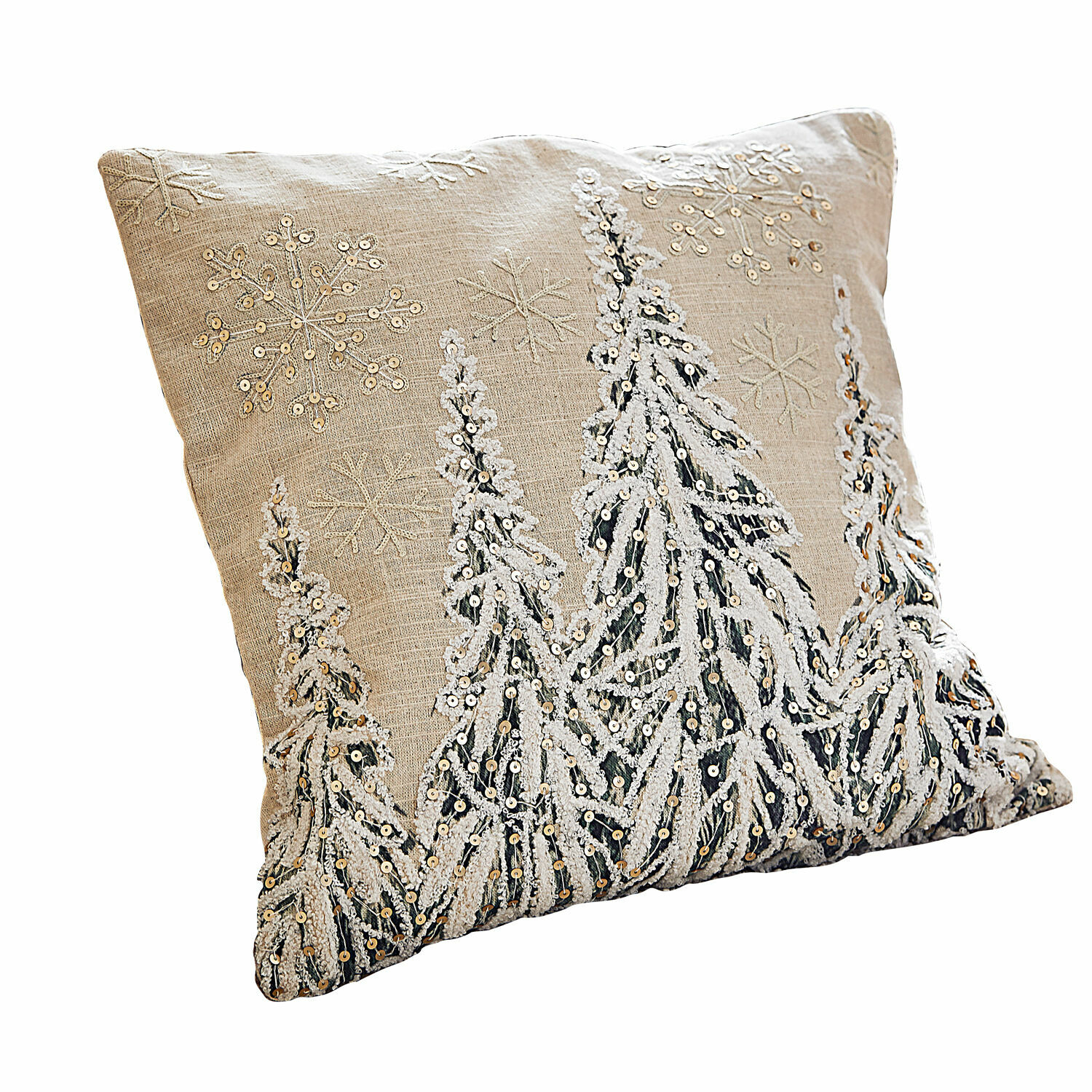 Kissenhülle Cartagne Beige Leinenkissen mit bestickten Schneeflocken und Tannen aus Pailletten, winterliche Dekoration
