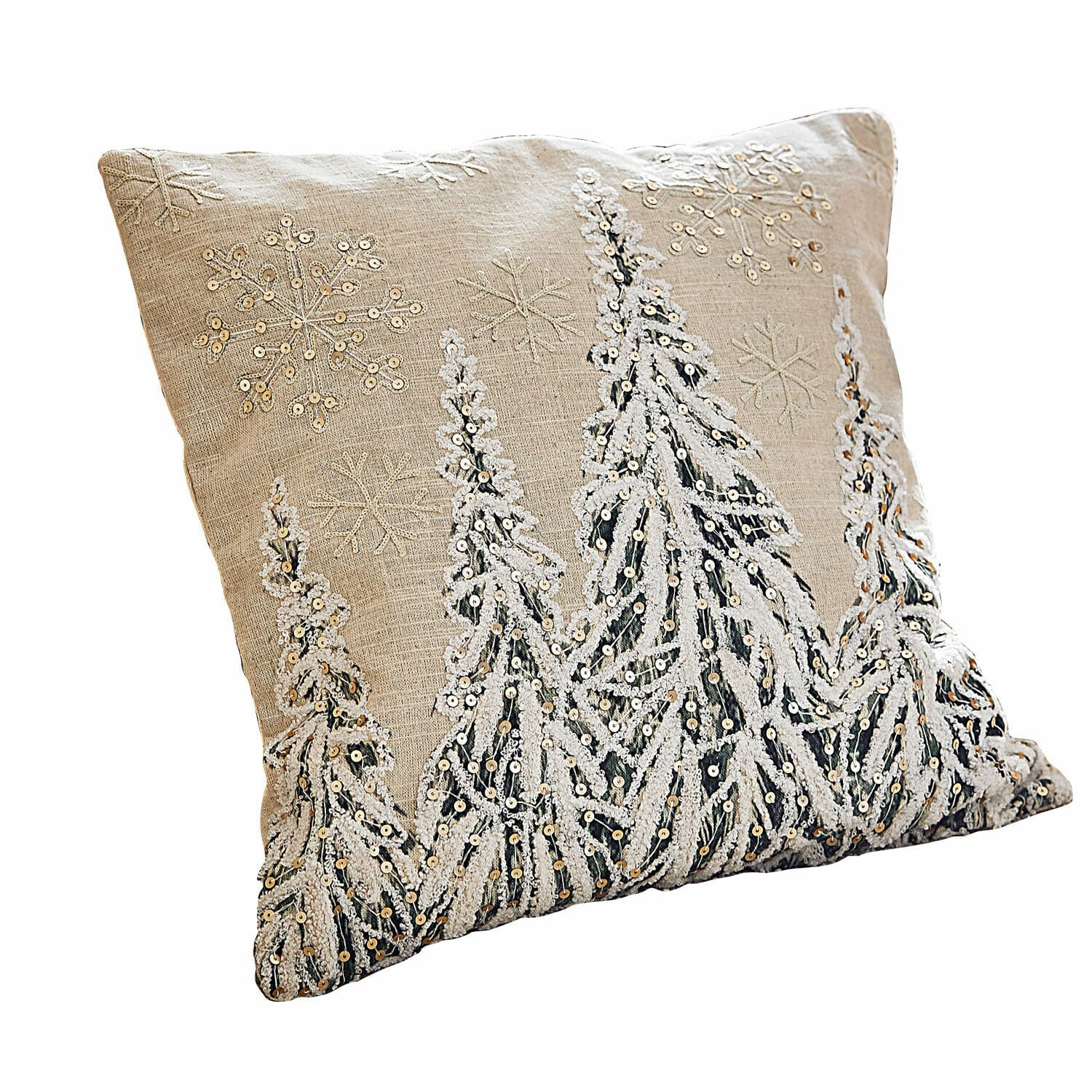 Kissenhülle Cartagne Beige Leinenkissen mit bestickten Schneeflocken und Tannen aus Pailletten, winterliche Dekoration
