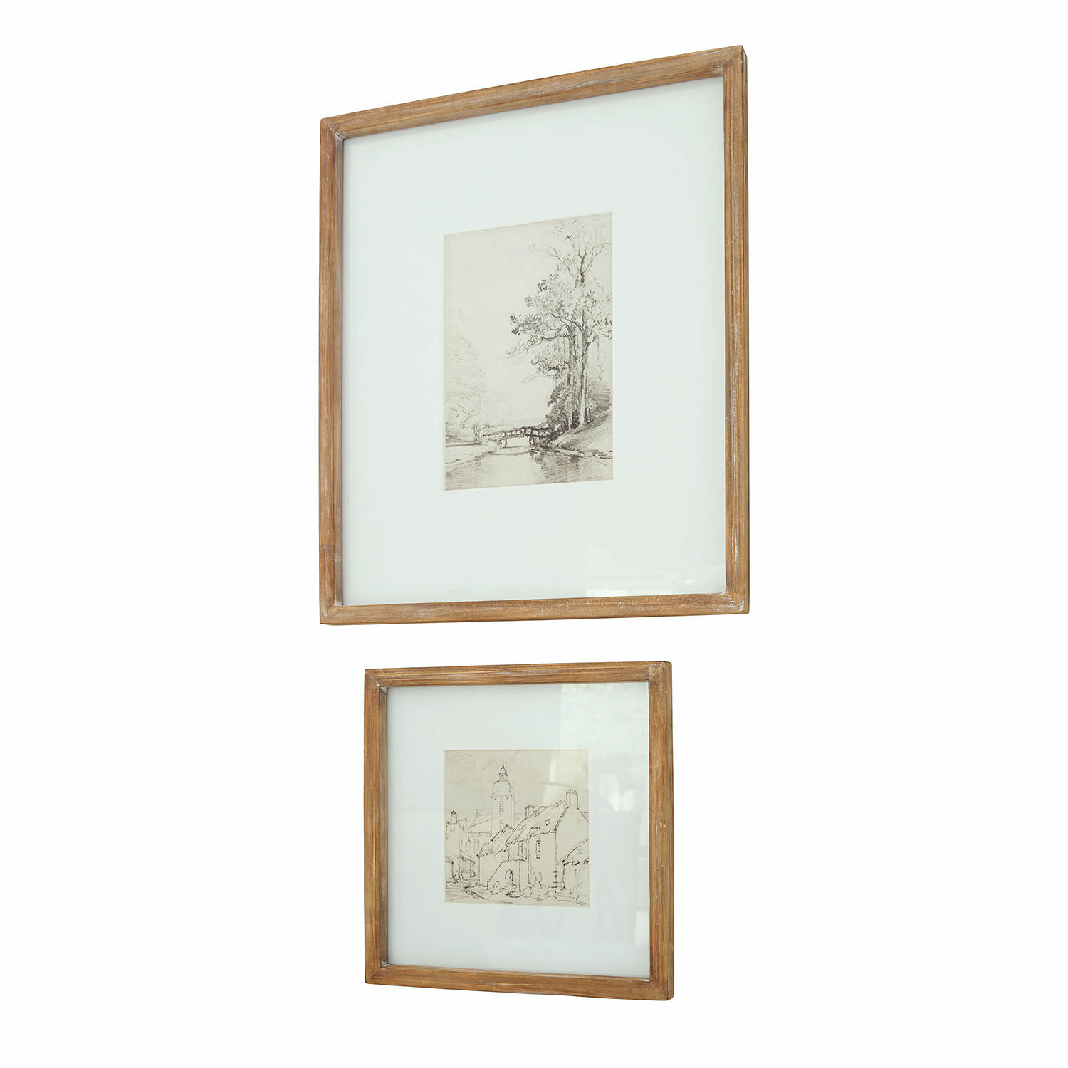 Bild 2er Set Juvarel Zwei Holzrahmen mit weissem Passepartout und Vintage-Skizzen von Landschaften als Wanddekoration
