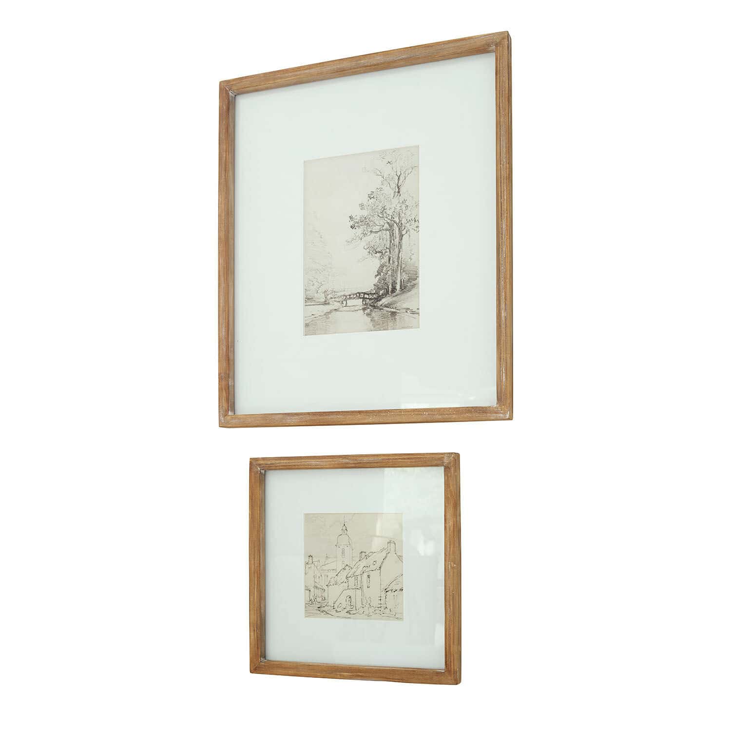 Bild 2er Set Juvarel Zwei Holzrahmen mit weissem Passepartout und Vintage-Skizzen von Landschaften als Wanddekoration