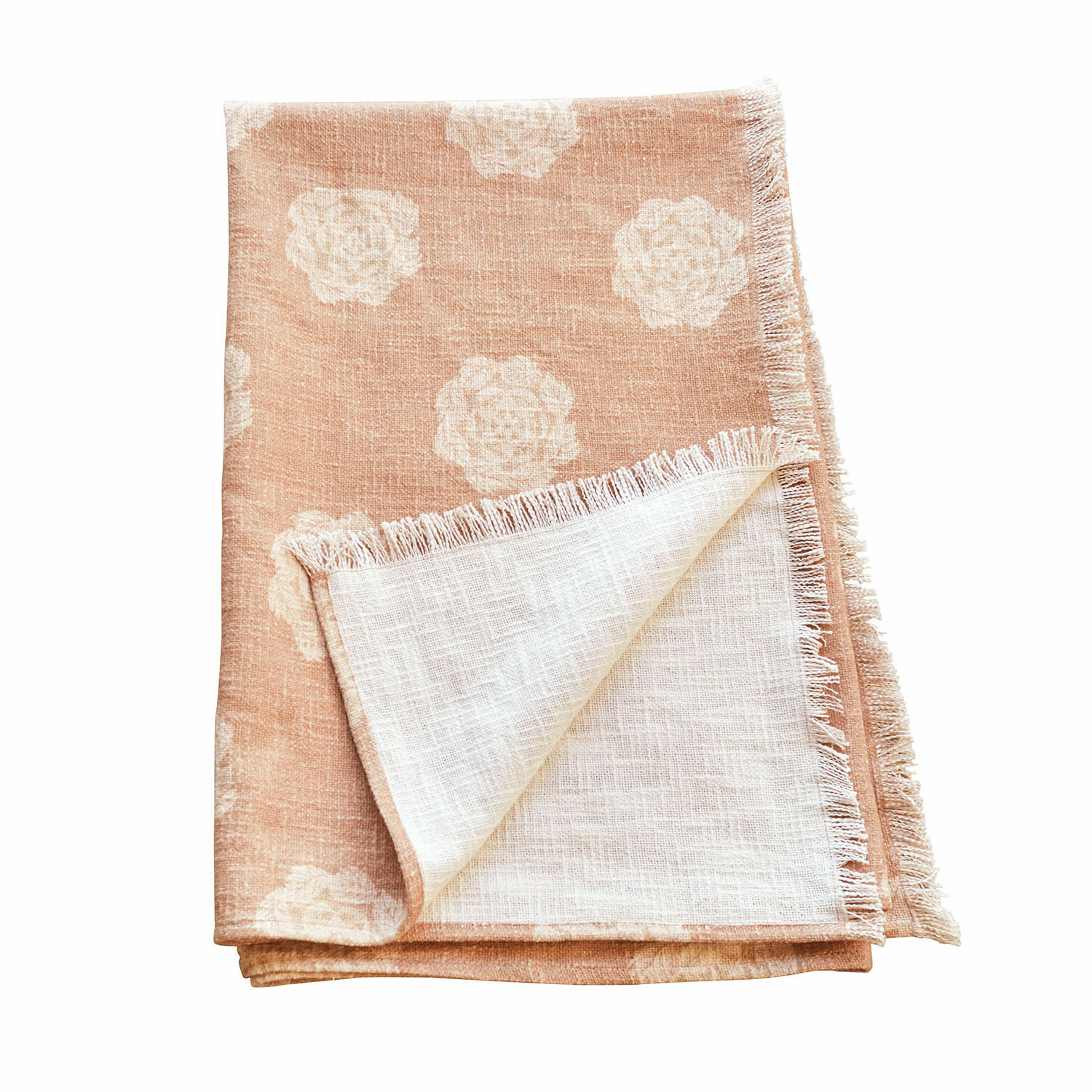 Plaid Belvienne Leinentischdecke in Beige mit weissem Blumenmuster und Fransen, stilvolle Tischdekoration