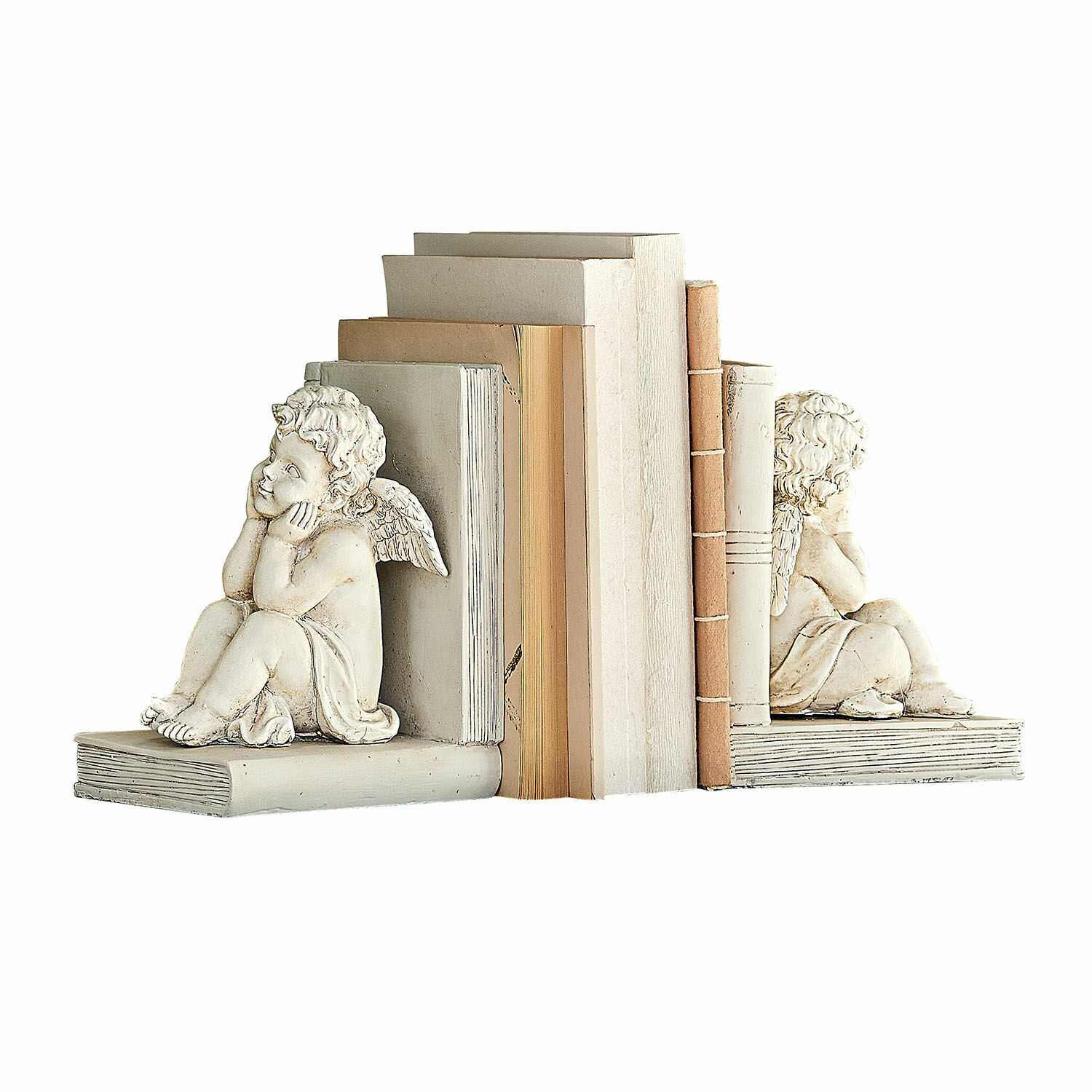 Buchstütze 2er Set Yrene Weisse Buchstützen aus Stein mit Engelfigur, dekorativ und praktisch zur Buchorganisation