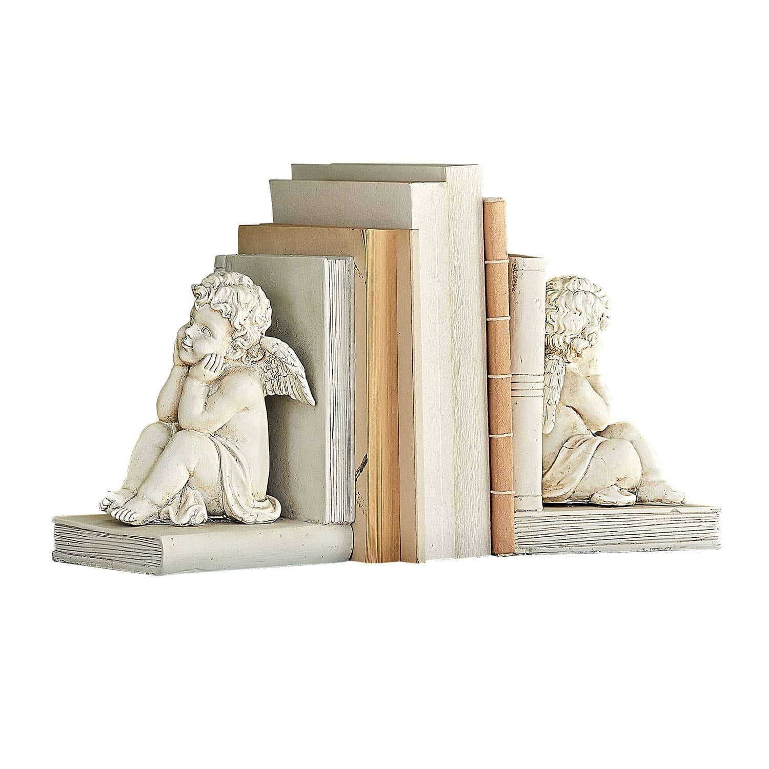 Buchstütze 2er Set Yrene Weisse Buchstützen aus Stein mit Engelfigur, dekorativ und praktisch zur Buchorganisation