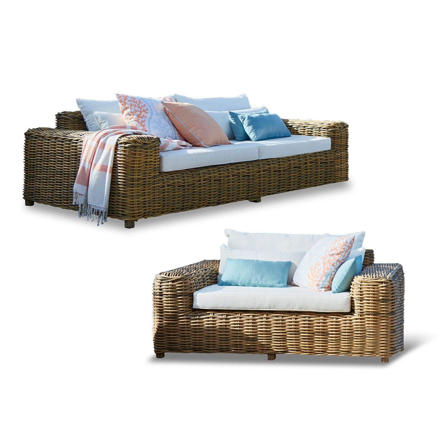 Sitzgruppe Camas Outdoor-Sitzgruppe aus natürlichem Rattan mit weissen Polstern und bunten Kissenbezügen