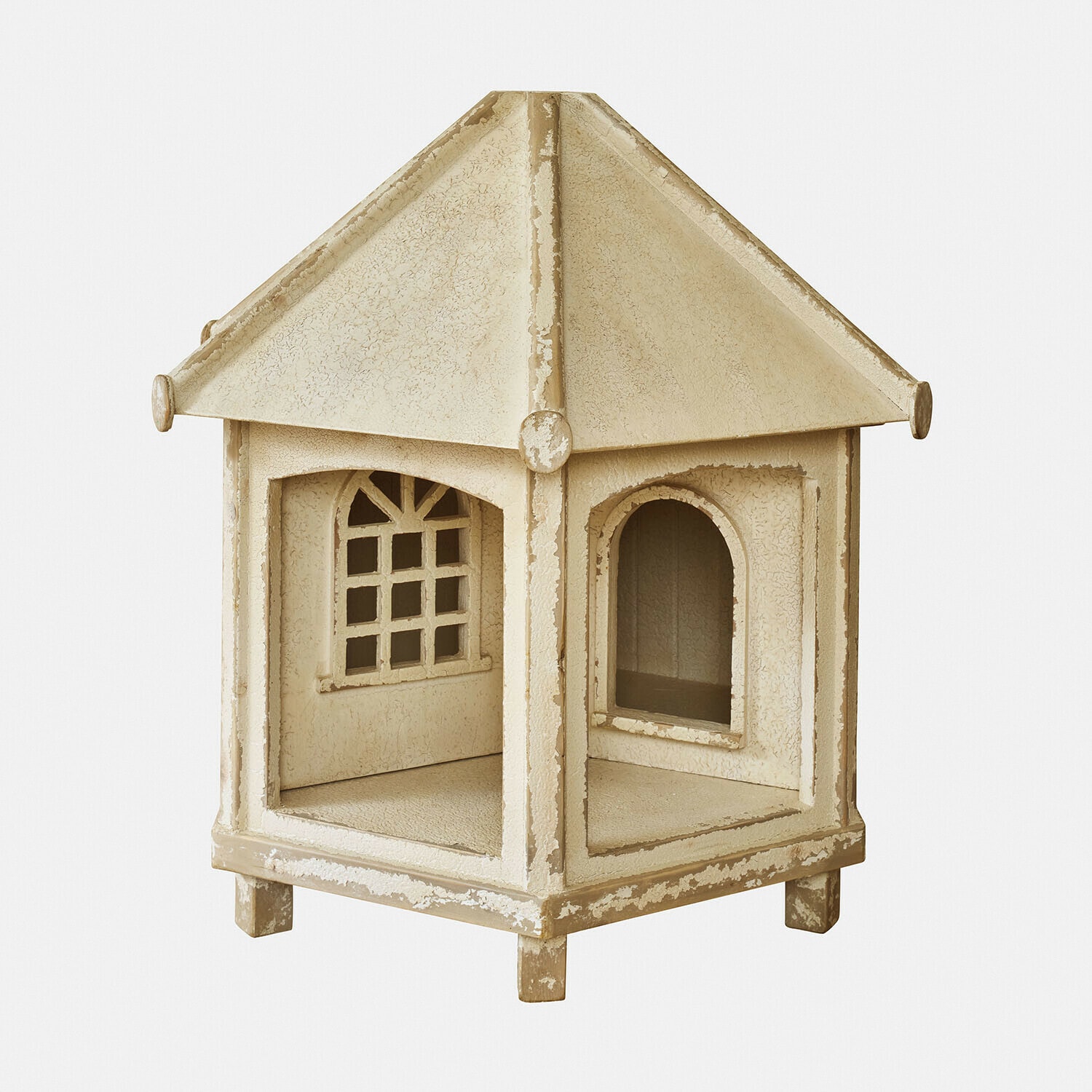 Beige Metall-Gartenlaterne in Hausform mit Fenstern und Dach, dekorative Aussenbeleuchtung