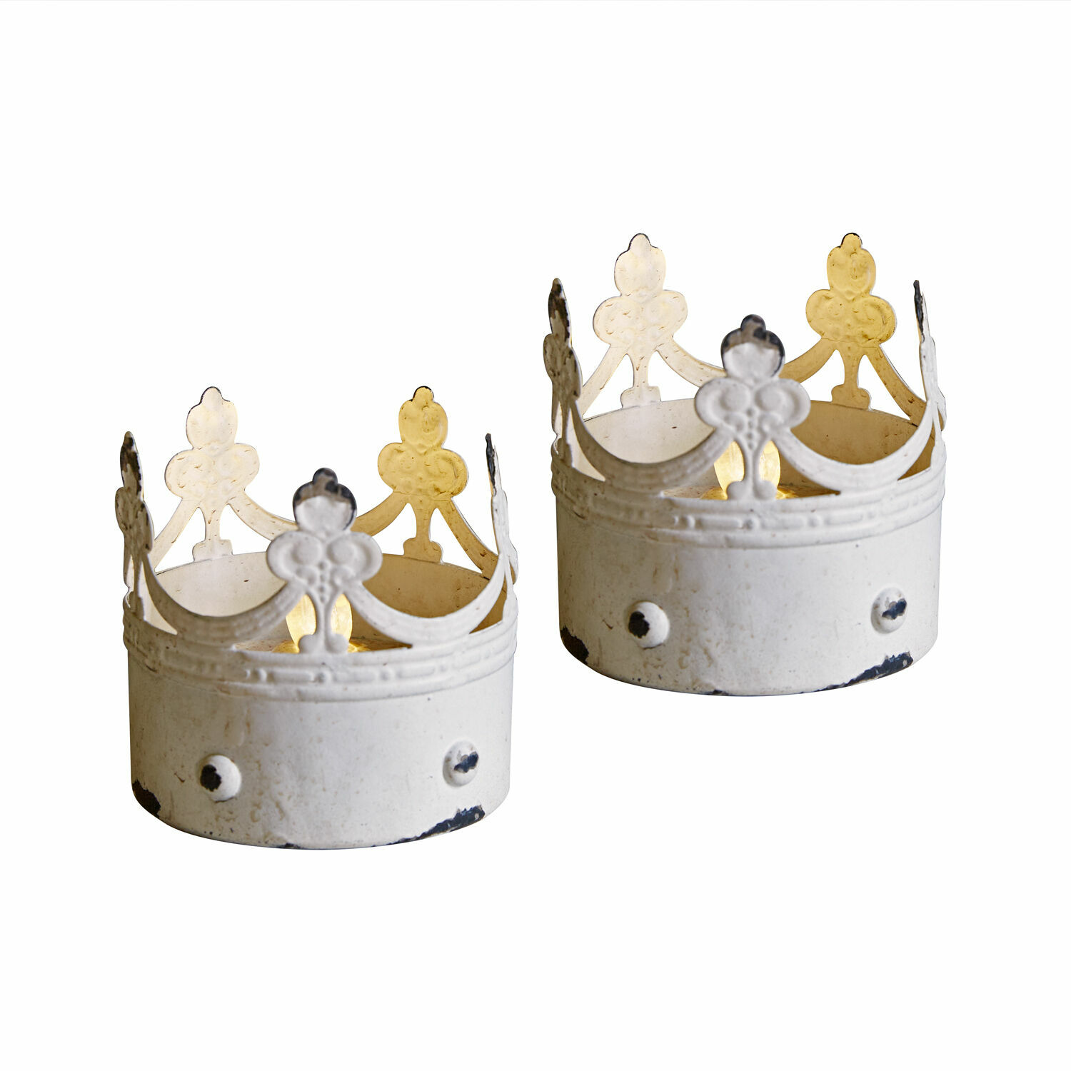 2er-Set LED-Windlichter aus weissem Metall in Kronenform mit antikem Finish