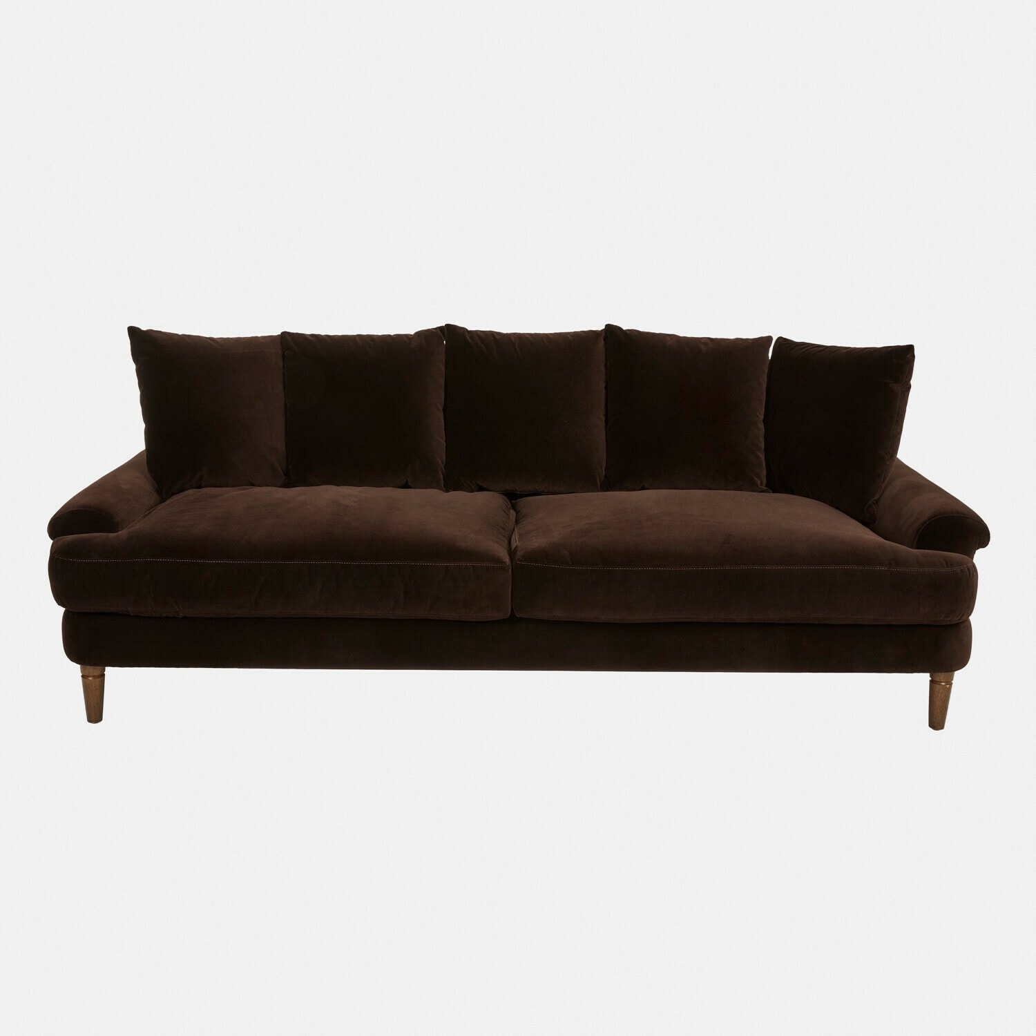 Sofa Rivermere Braunes Samtsofa mit Kissen und Holzbeinen, bequemes Wohnzimmermöbel mit elegantem Design