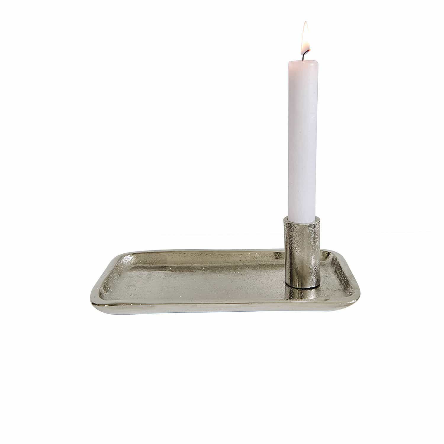 Kerzentablett Estanora Silberner Metall-Kerzenhalter mit rechteckigem Tablett und weisser Kerze, Wohnaccessoire