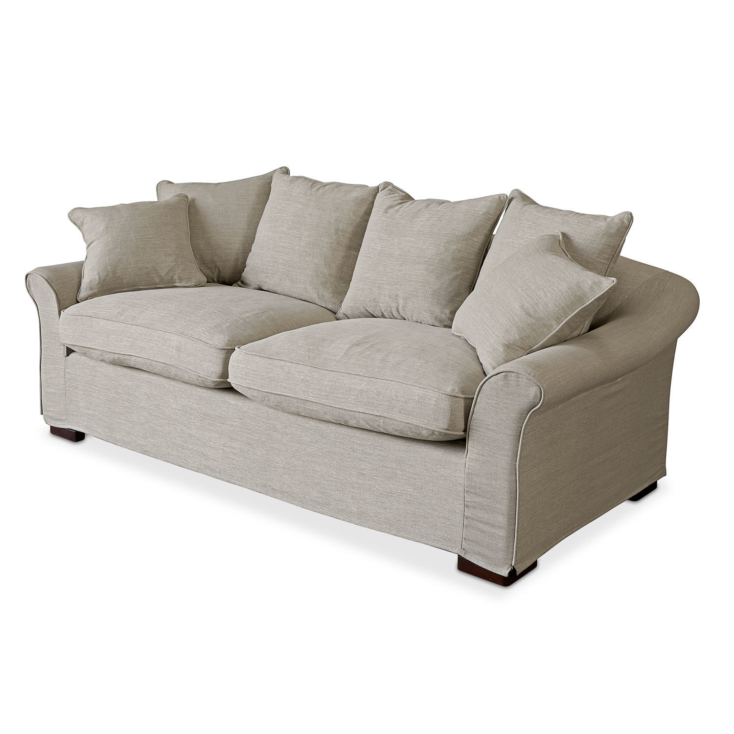 Sofa Long Beach Sofa mit beigem Bezug, weichen Kissen und Holzfüssen, komfortables Wohnzimmermöbel