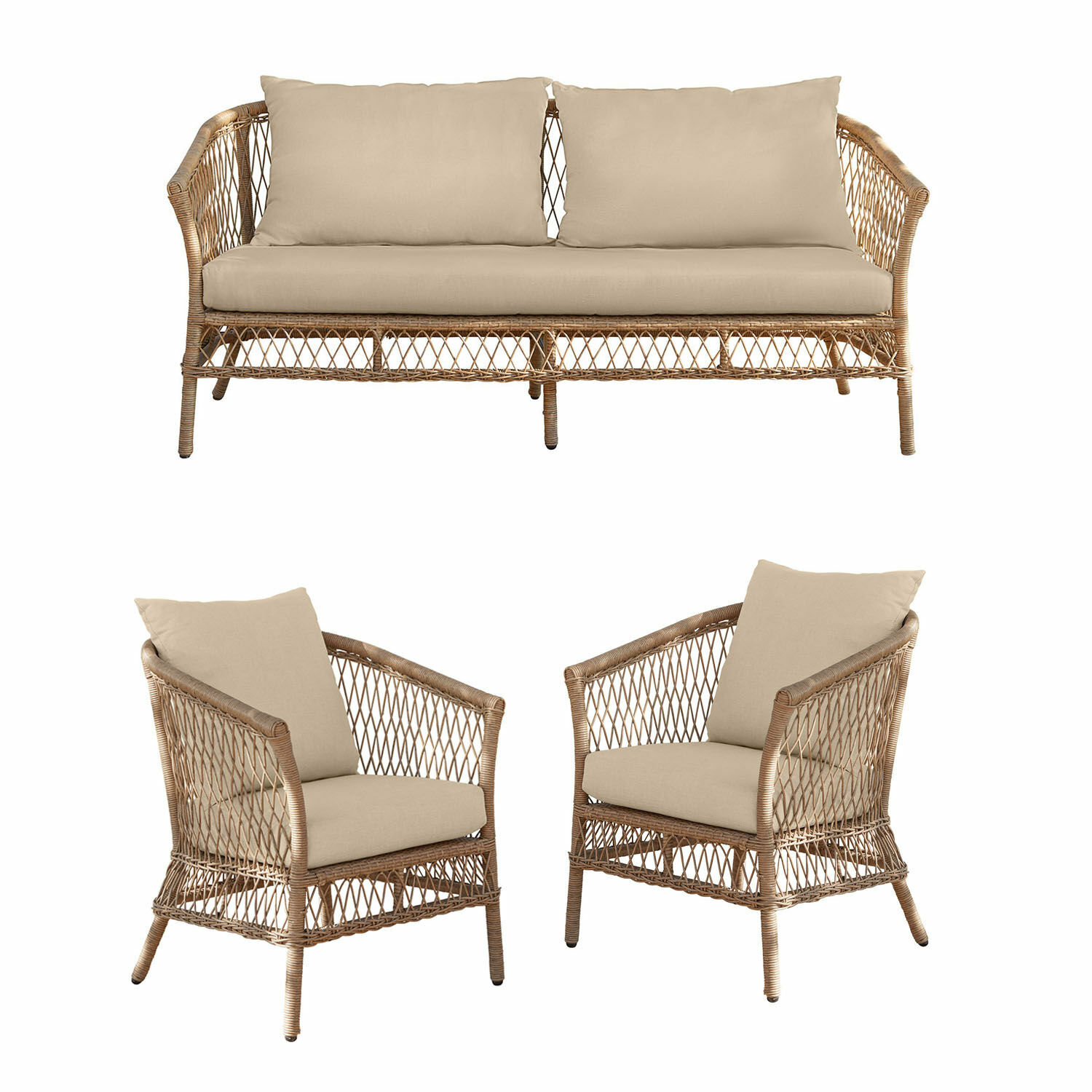 Sitzgruppe Farington Gartenmöbel-Set aus natürlichem Rattan mit beigen Polstern, bequeme Sessel und Sofa