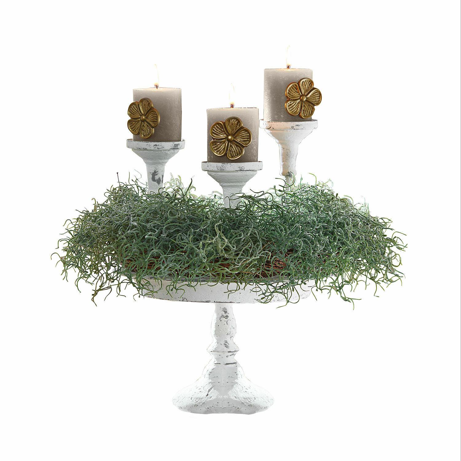 Etagere Kivorel Weisser Metallkerzenhalter mit drei grauen Kerzen und grüner Moosdekoration