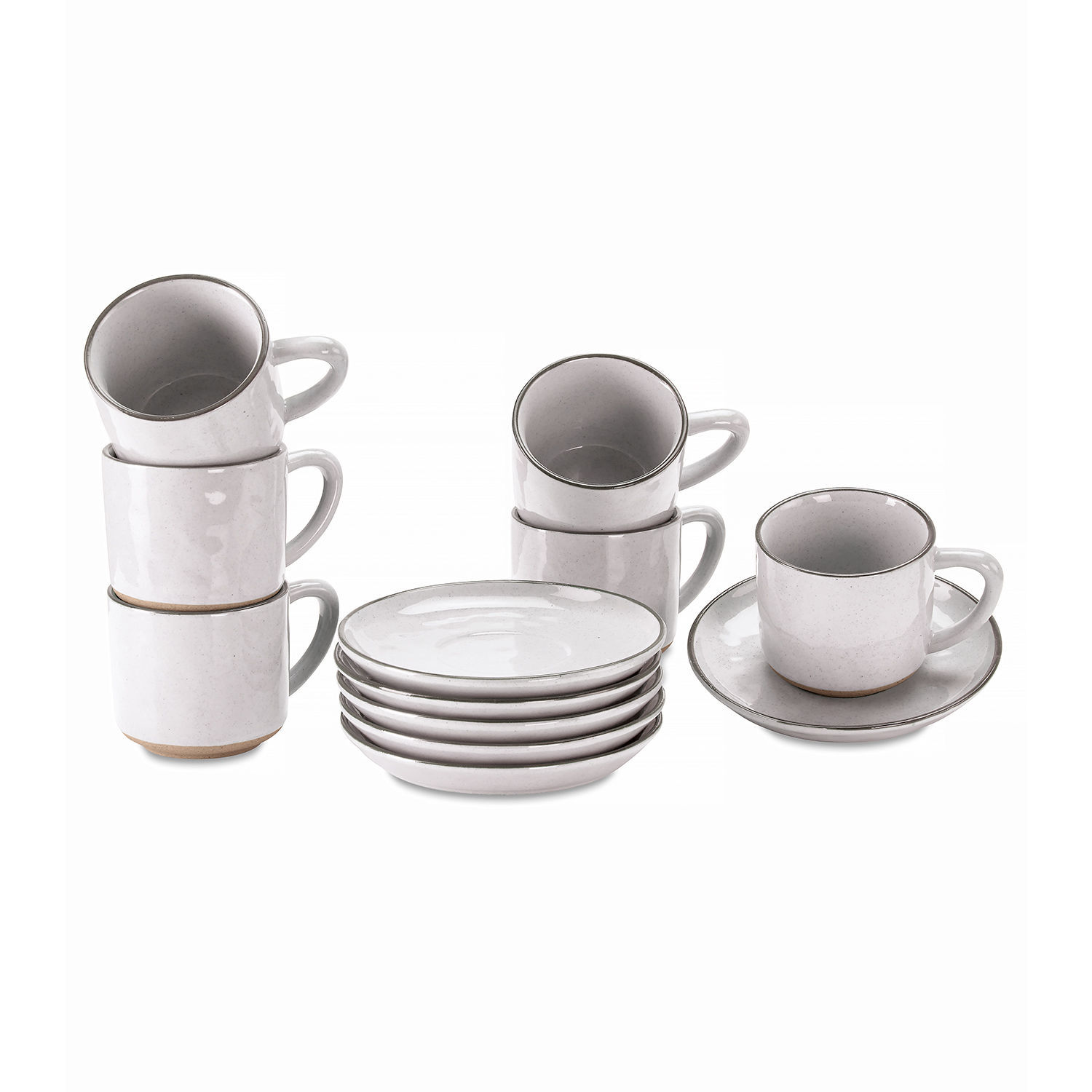 Tasse mit Untertasse 6er Set Biarré Set aus weissen Keramiktassen und Untertellern mit feinem grauem Rand für Kaffee und Tee