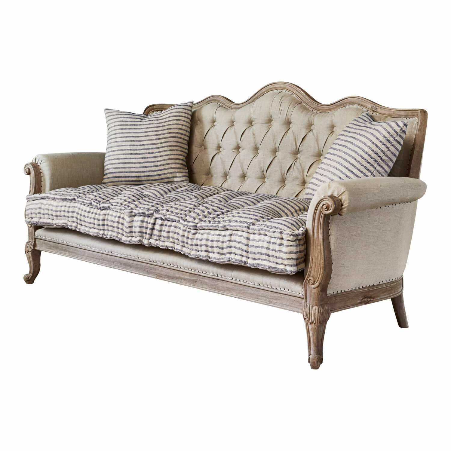 Sofa Malabon Vintage-Sofa mit Holzrahmen und beiger Polsterung, gestreifte Kissen für Wohnzimmer