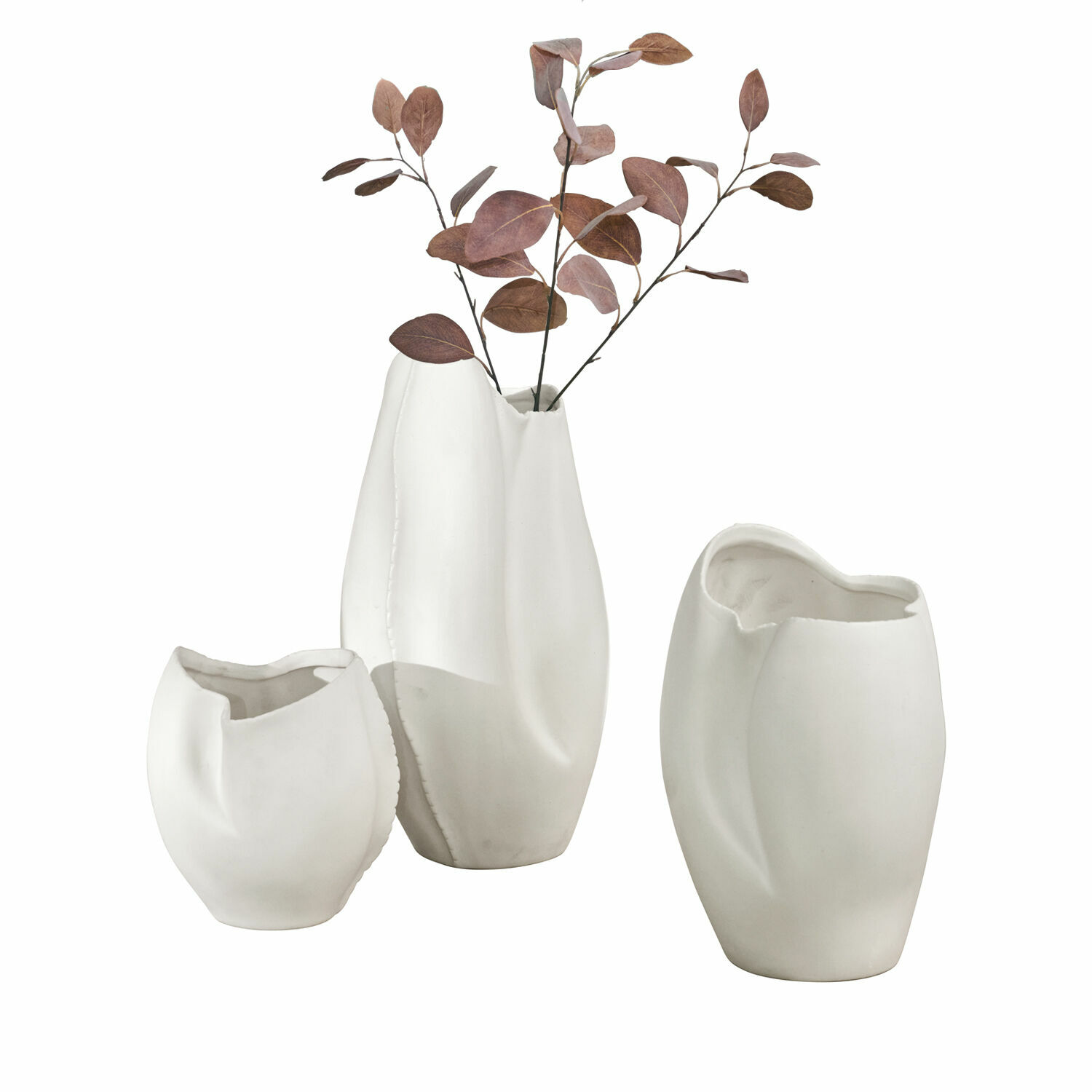 Vase 3er Set Kazimad Set mit drei weissen Keramikvasen mit unregelmässiger Form für stilvolle Wohnraumdekoration