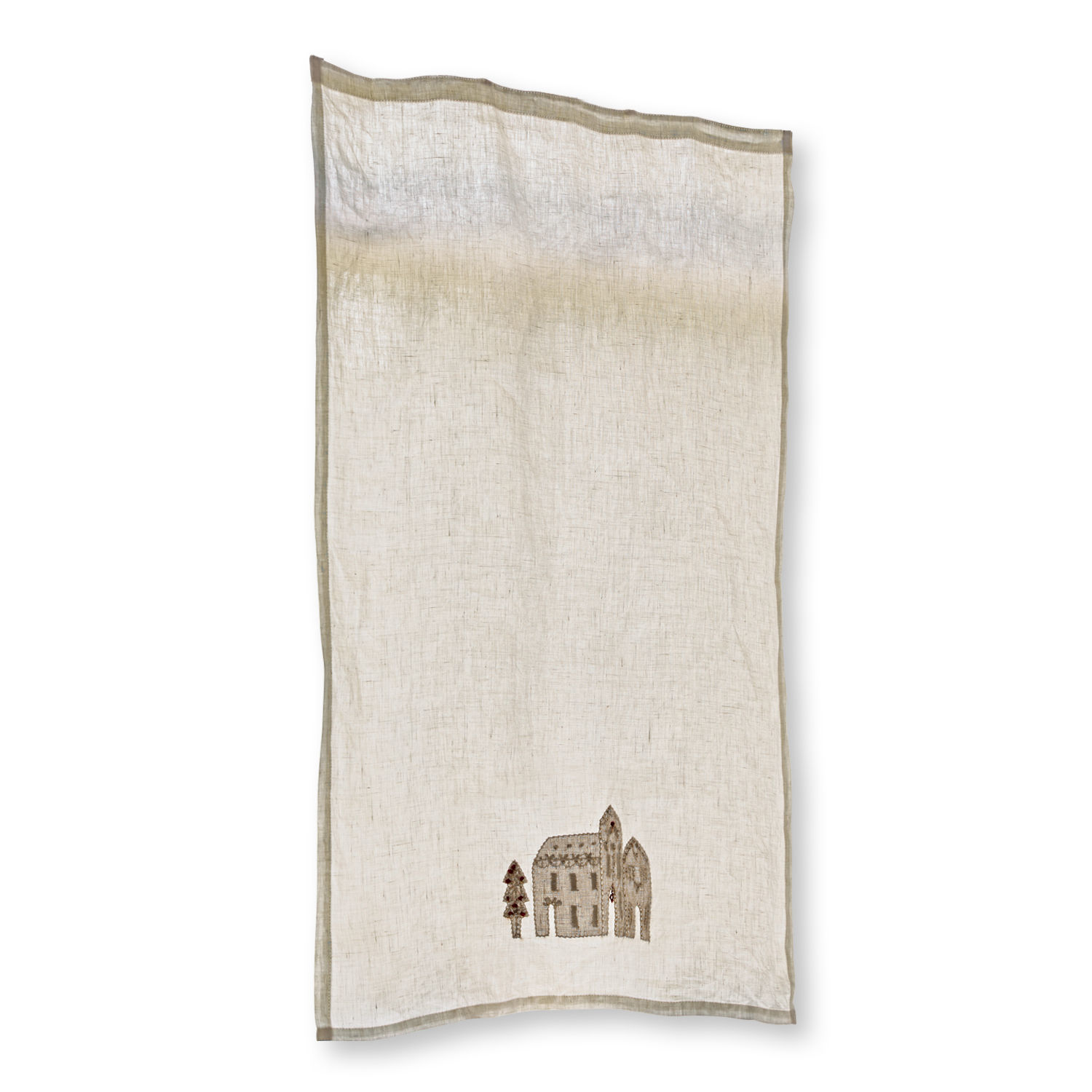 Scheibengardine Marikina Beige Leinentischdecke mit feiner Haus- und Baumstickerei, rustikales Tischdekor