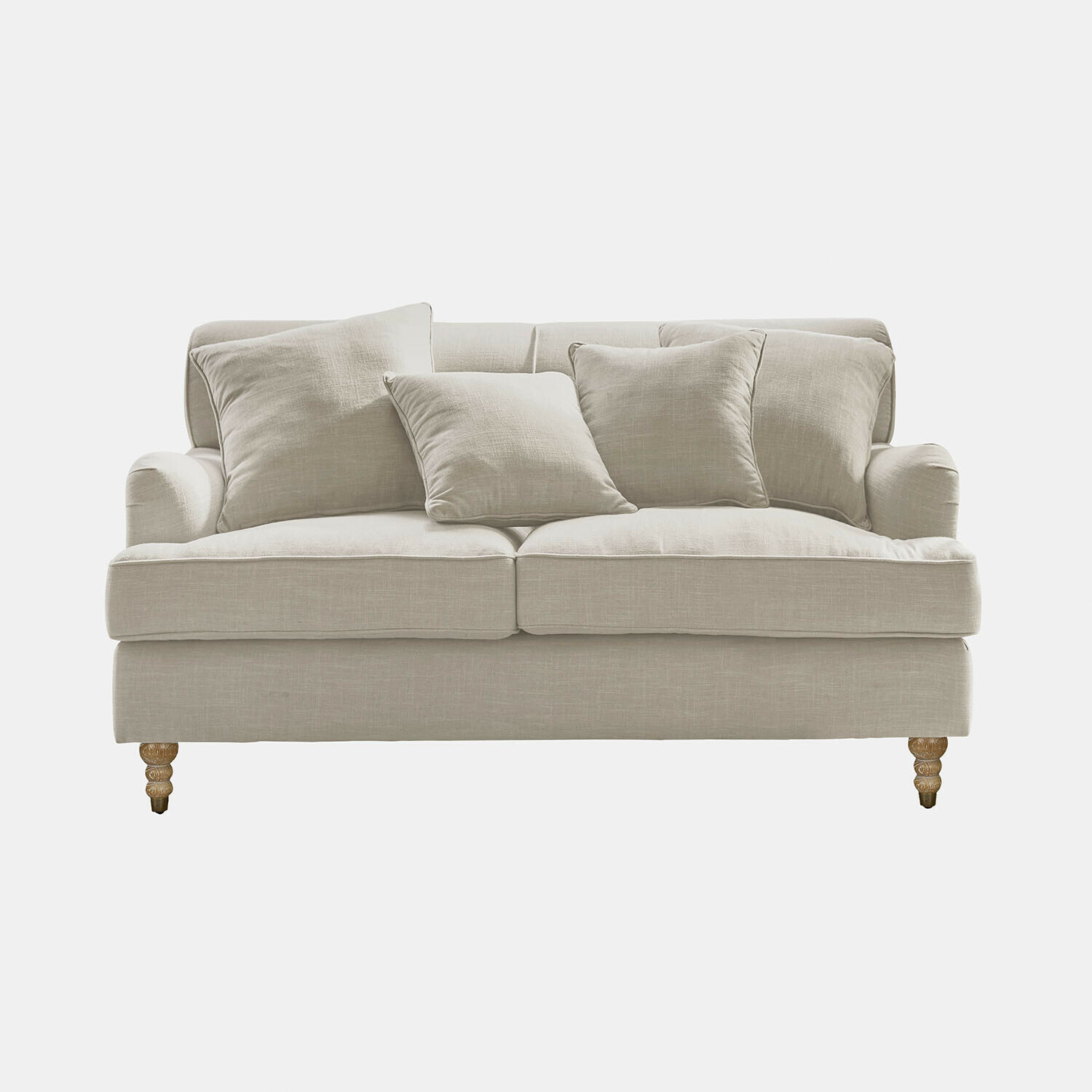 Sofa Isa aus beigem Leinen mit Kissen und Holzfüssen, bequemes Wohnzimmermöbel