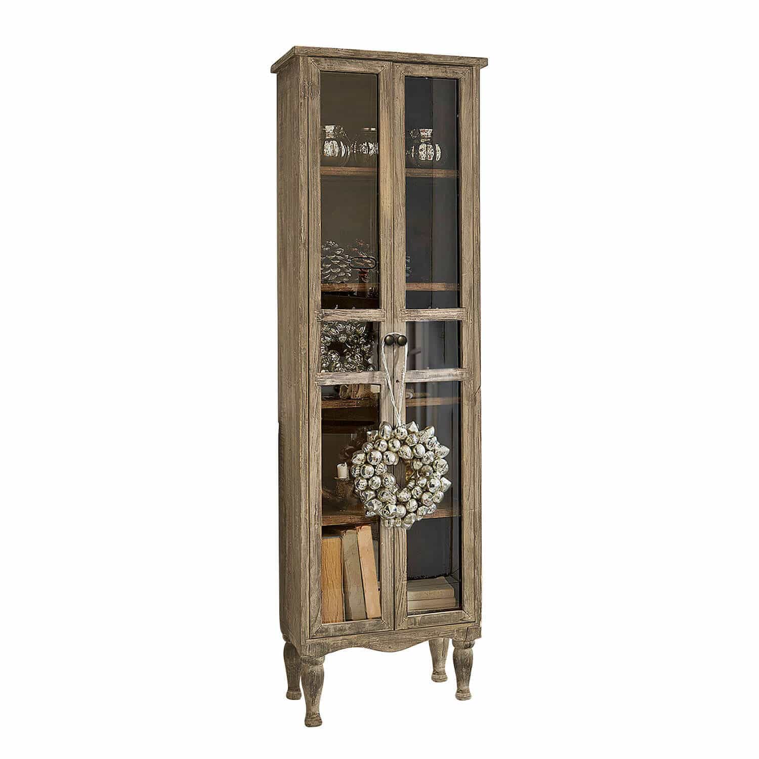 Schrank Covent Garden Schmale Holzvitrine mit Glastüren und dekorativem Gesims, rustikales Wohnzimmermöbel