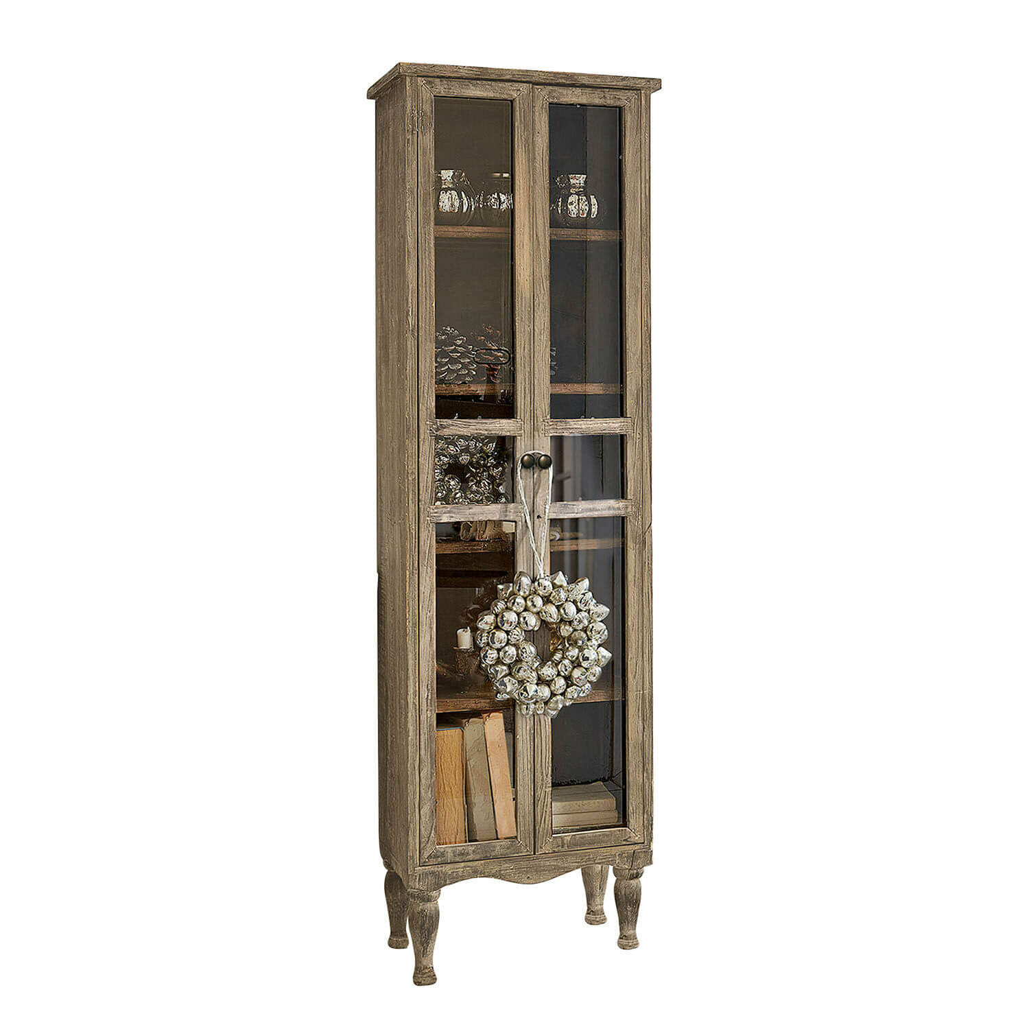 Schrank Covent Garden Schmale Holzvitrine mit Glastüren und dekorativem Gesims, rustikales Wohnzimmermöbel