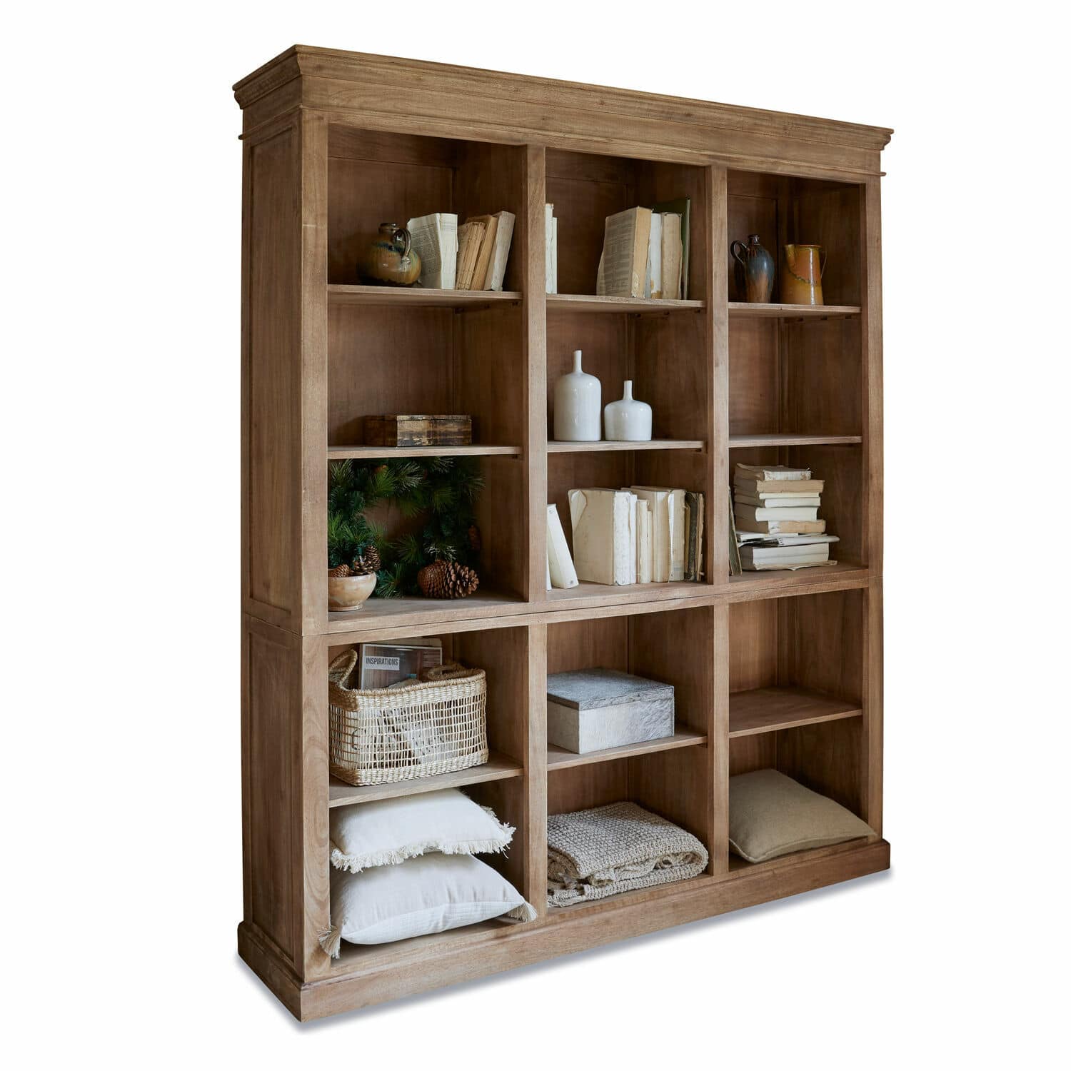 Regal Alamoni Grosses Bücherregal aus Holz in Naturfarbe mit neun Fächern, Dekorationen und Büchern, Wohnzimmermöbel