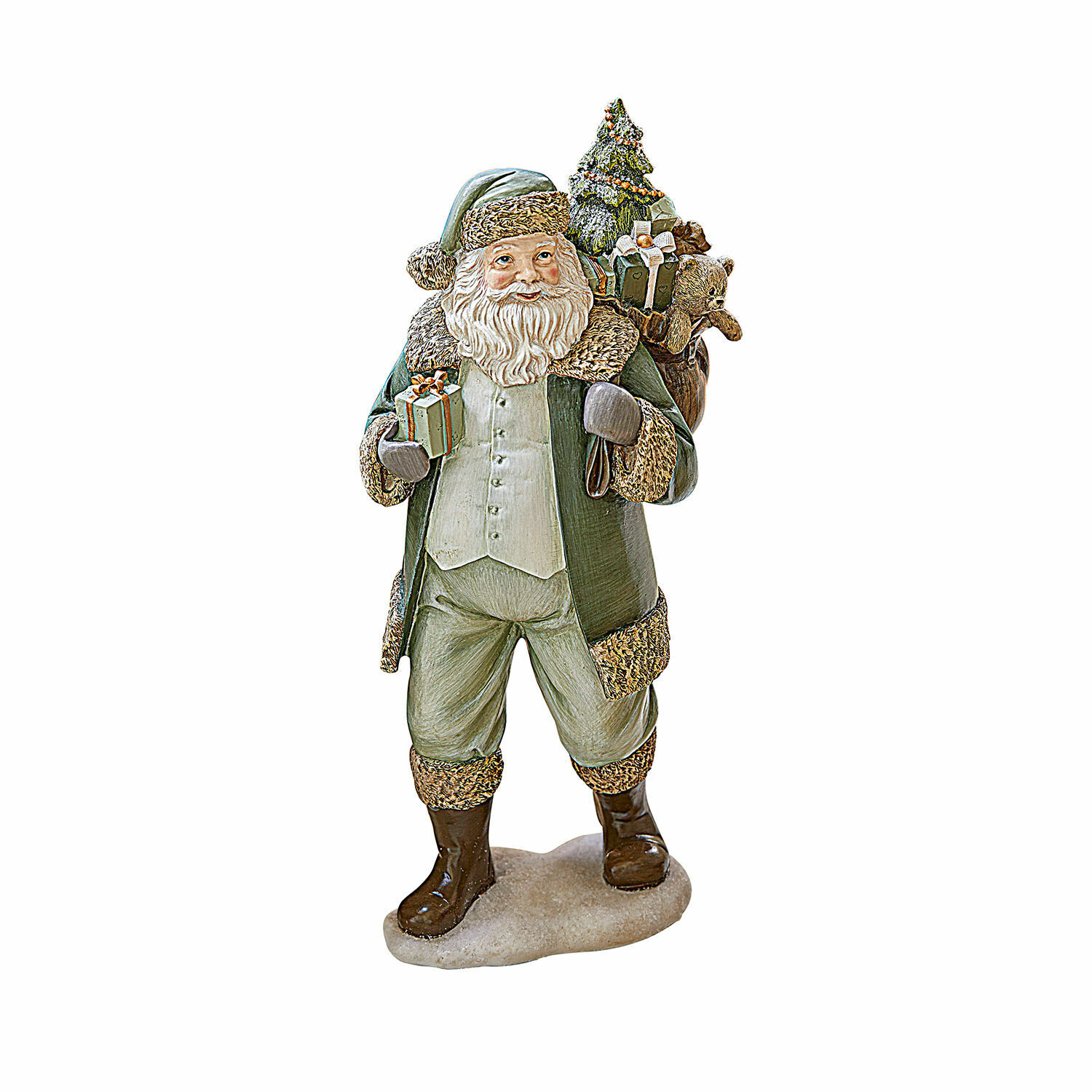 Deko-Weihnachtsmann Douilly Weihnachtsmannfigur im grünen Mantel mit Geschenken und Teddybär auf dem Rücken, Weihnachtsdekoration