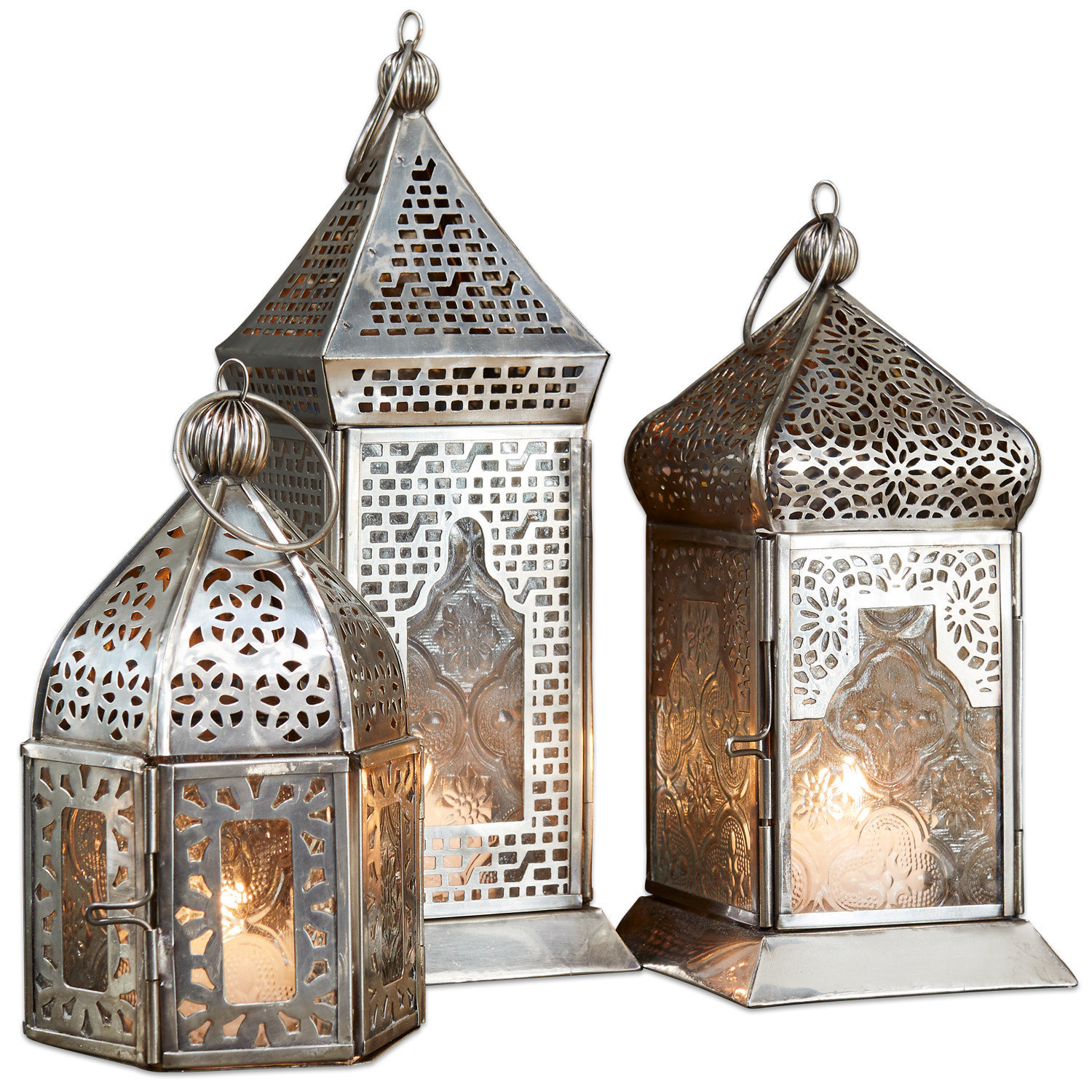 Laterne 3er Set Indian Set aus drei silbernen Metalllaternen mit filigranen Mustern und Glaseinsätzen, Wohnaccessoire