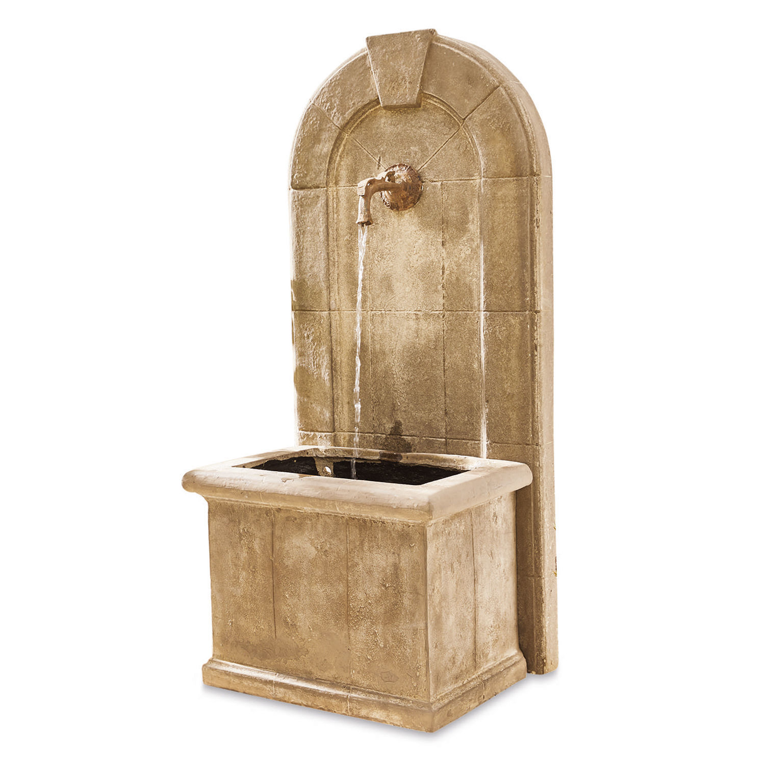 Brunnen Ginette Dekorativer Wandbrunnen aus beigem Stein mit Metallhahn und fliessendem Wasser