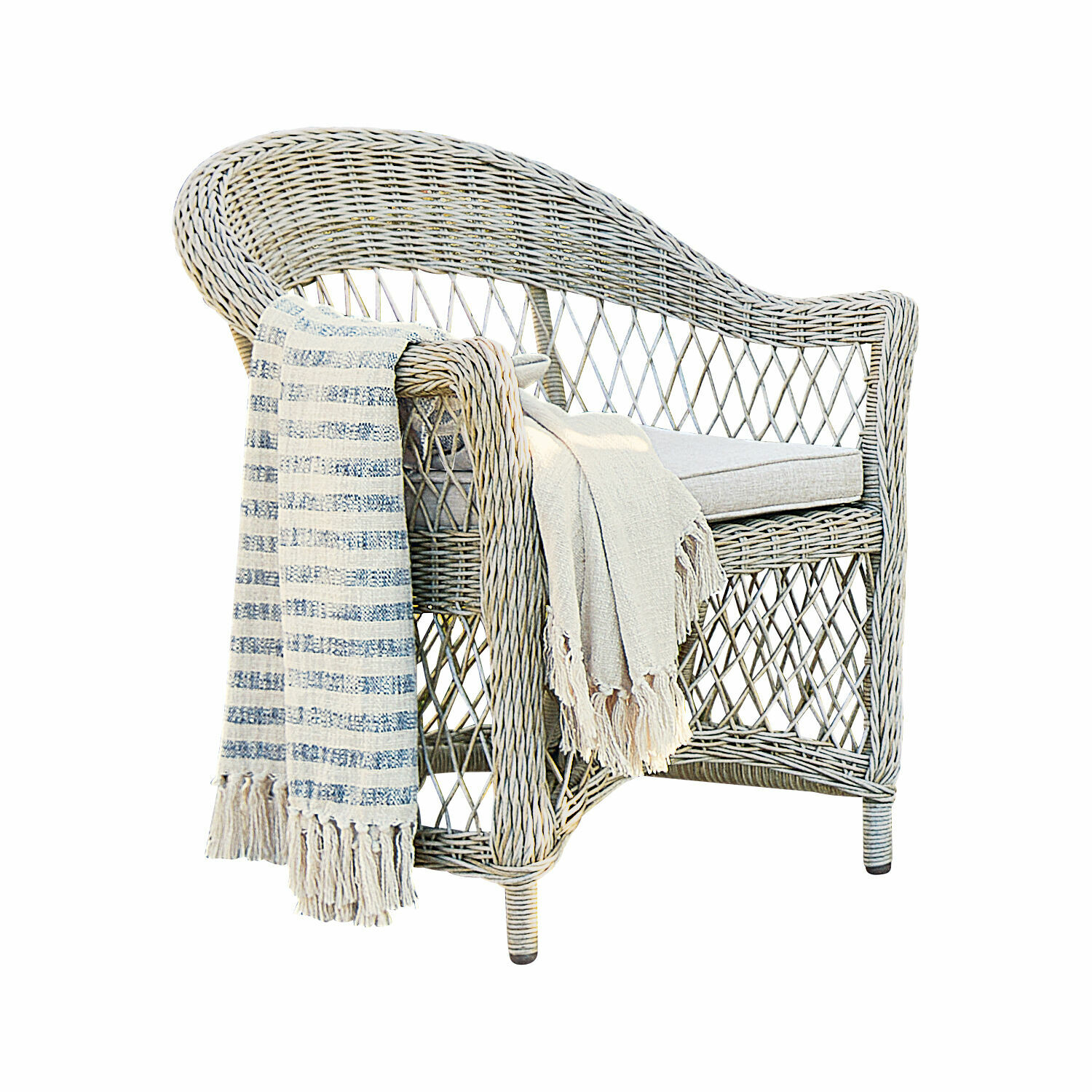 Sessel Lézardrieux Heller Rattansessel mit Polster und zwei Decken, gemütliches Möbelstück für Wohn- und Gartenbereich