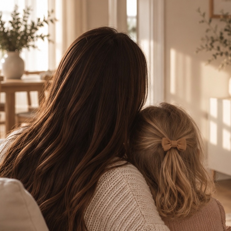 Frau mit langen braunen Haaren und Kind mit blonden Haaren und Schleife in gemütlichem Zimmer