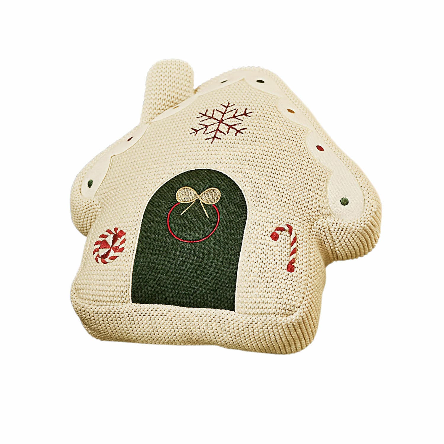 Stoff-Lebkuchenhaus Skavari Beiges Kissen in Hausform mit grünem Eingang und weihnachtlichen Strickmustern als Dekoration