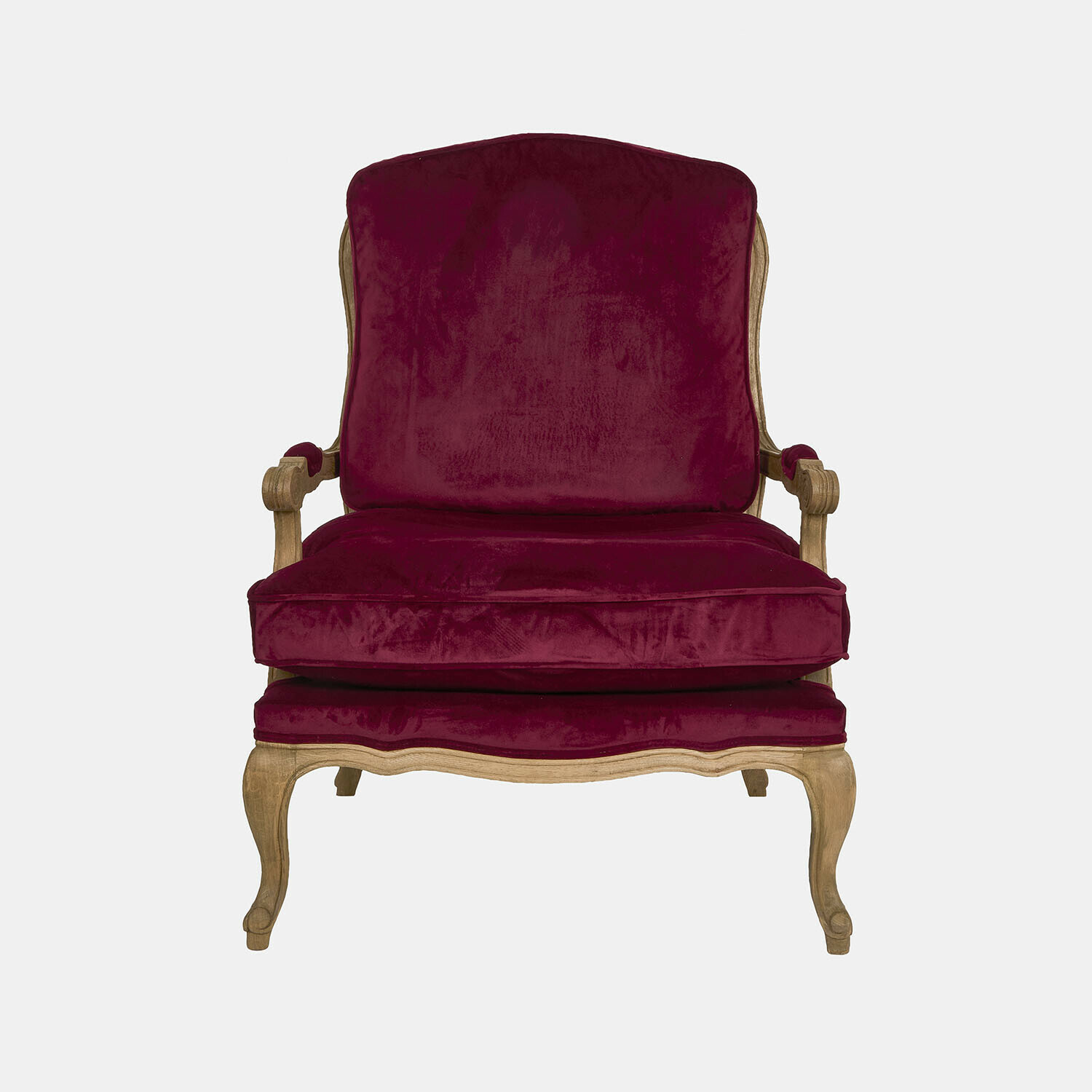 Sessel Corlay mit bordeauxrotem Samt und braunem Holzrahmen, eleganter Polstersessel