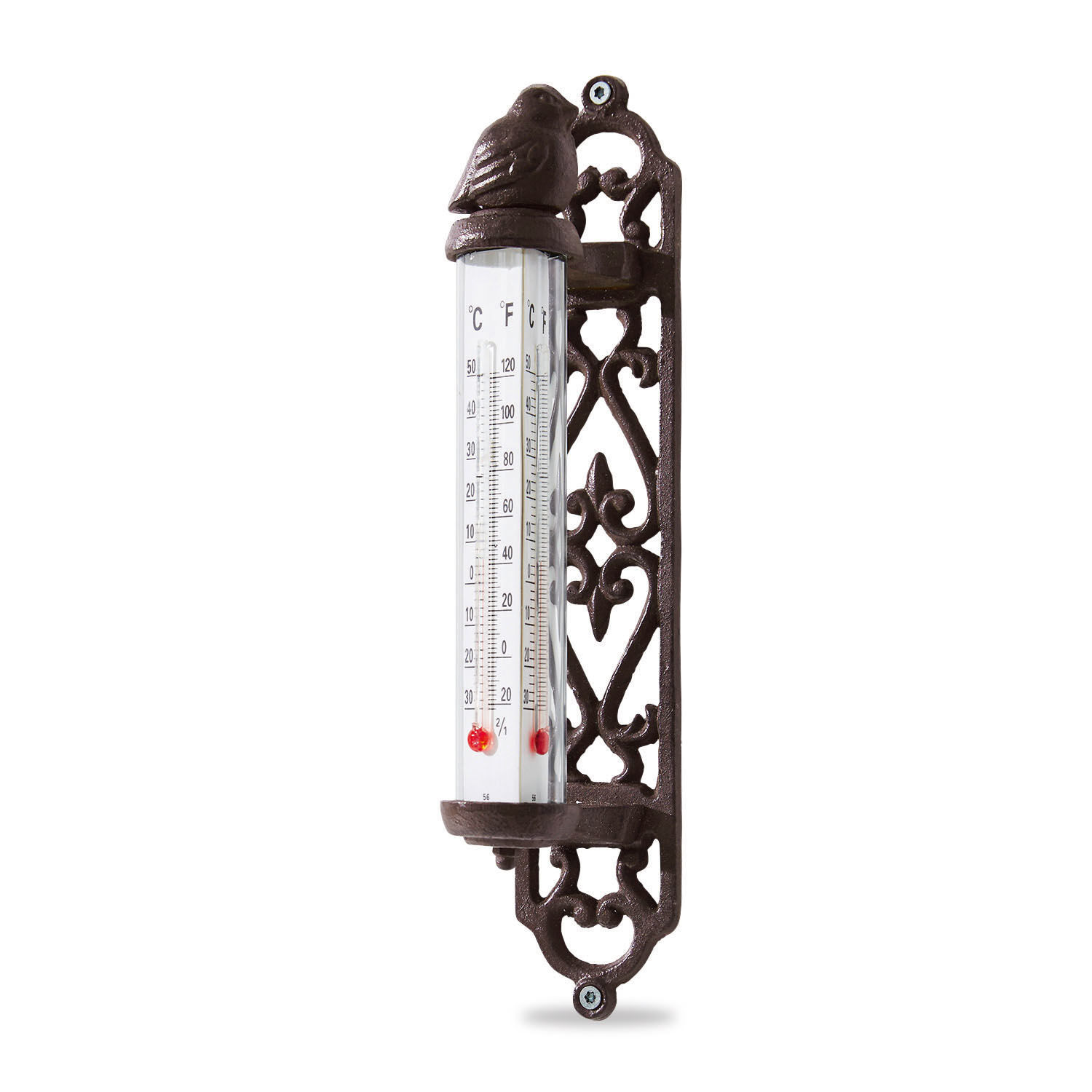 Thermometer Binyamin Dekorativer brauner Guss-Thermometer mit Vogelmotiv und doppelter Temperaturskala