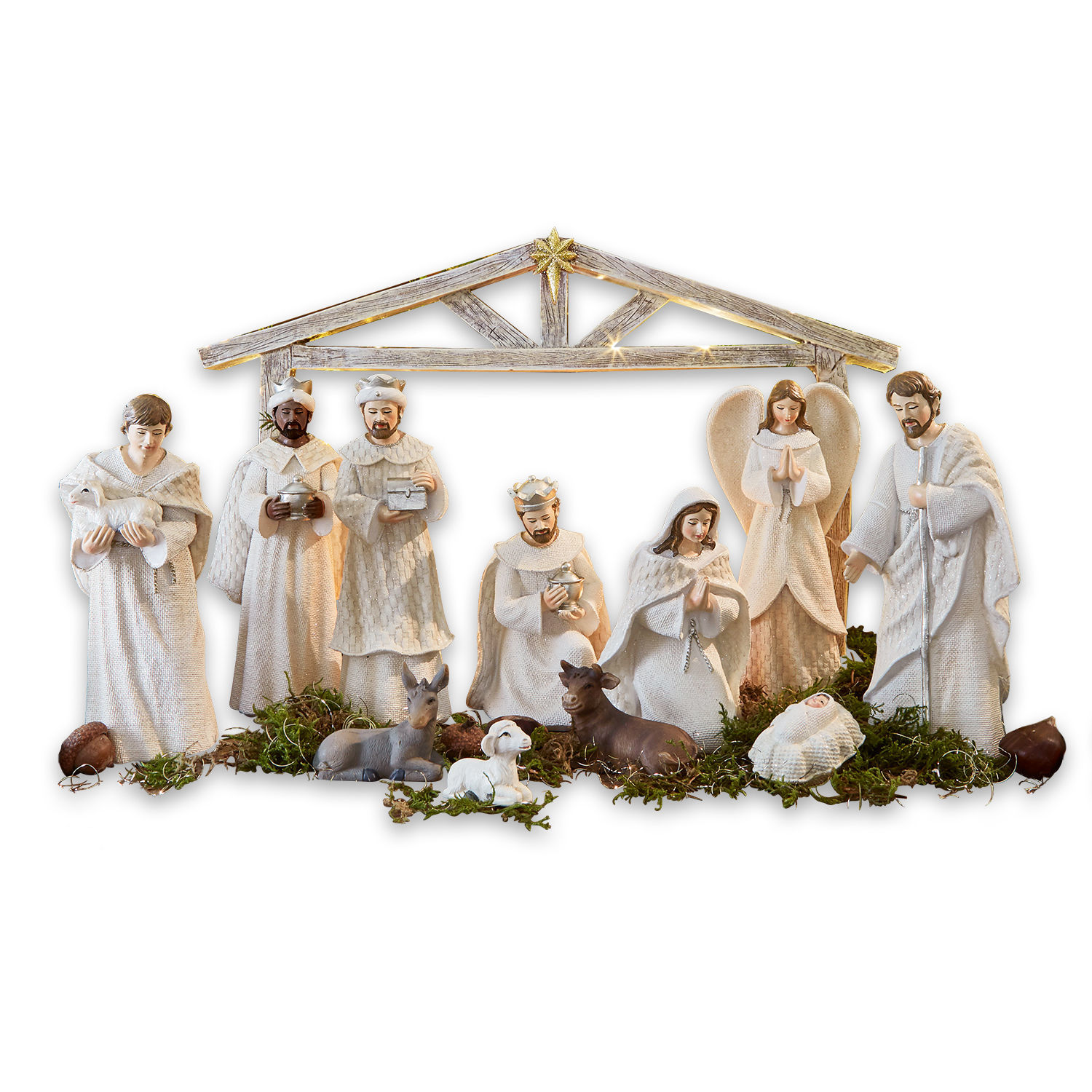 Krippenfiguren 12er Set Santo Weisses Krippenfiguren-Set aus Holz und Stoff mit LED-Beleuchtung für Weihnachten