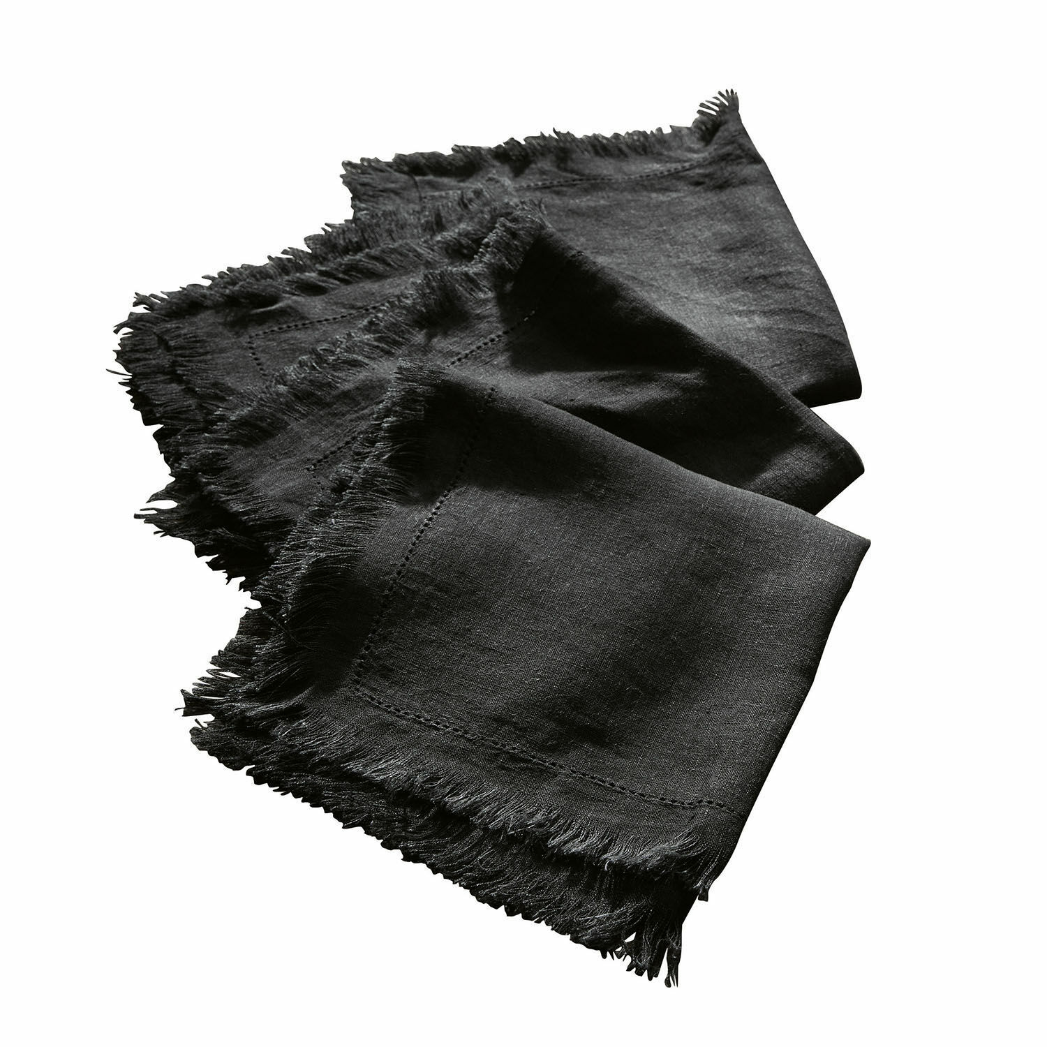Serviette 4er Set Pibrac Schwarze Leinenserviette mit Fransen, dekoratives Tischaccessoire aus Naturmaterialien