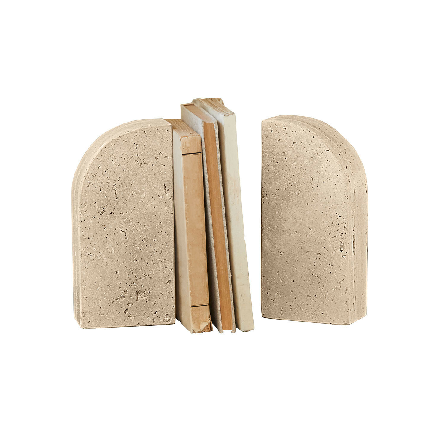 Buchstütze 2er Set Caleneuve Ein Paar beige Buchstützen aus Stein, ideal zur Dekoration und Organisation von Regalen.