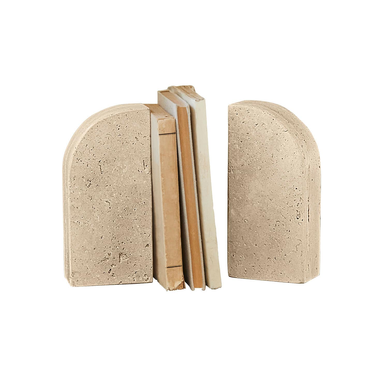 Buchstütze 2er Set Caleneuve Ein Paar beige Buchstützen aus Stein, ideal zur Dekoration und Organisation von Regalen.