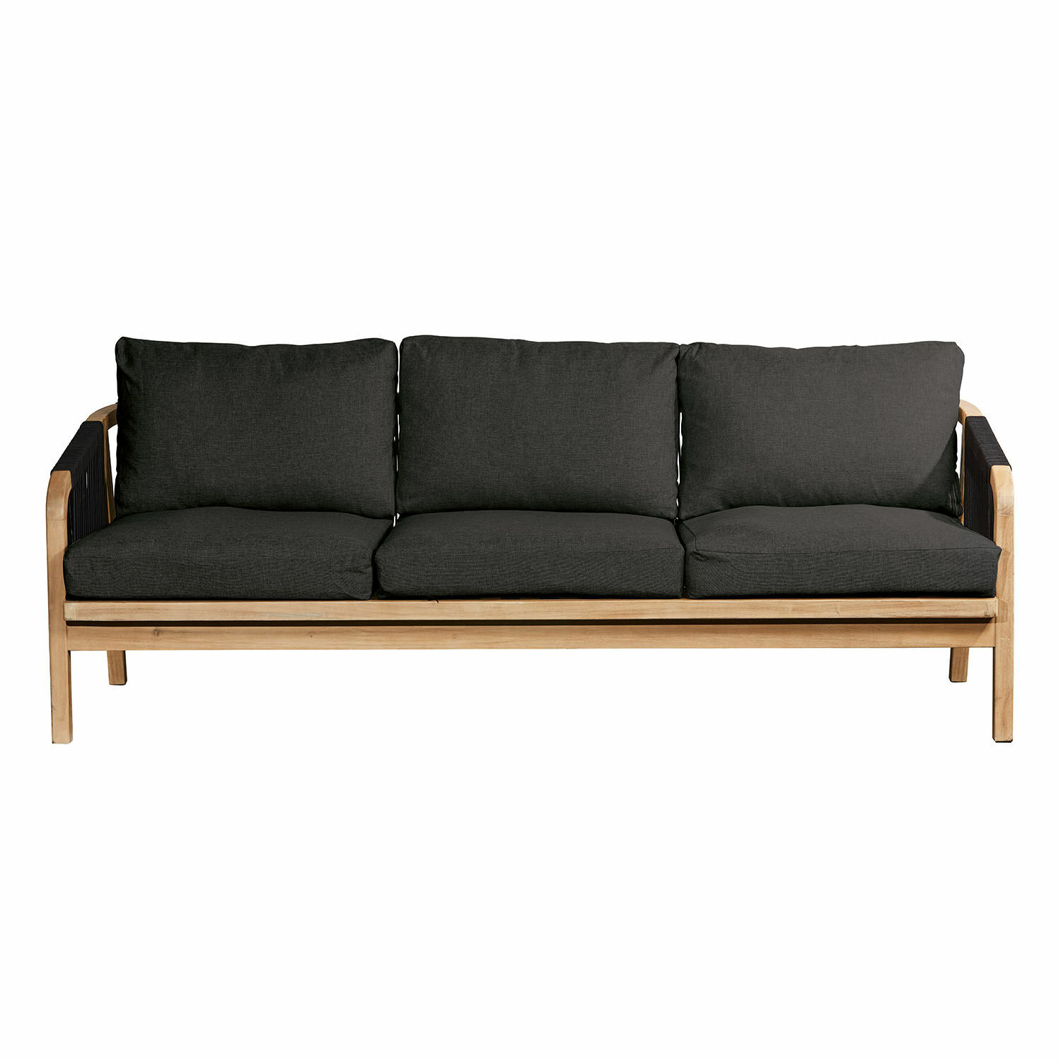 Dreisitziges Shreveport-Sofa aus FSC-Holz in Braun mit anthrazitfarbenen Stoffkissen