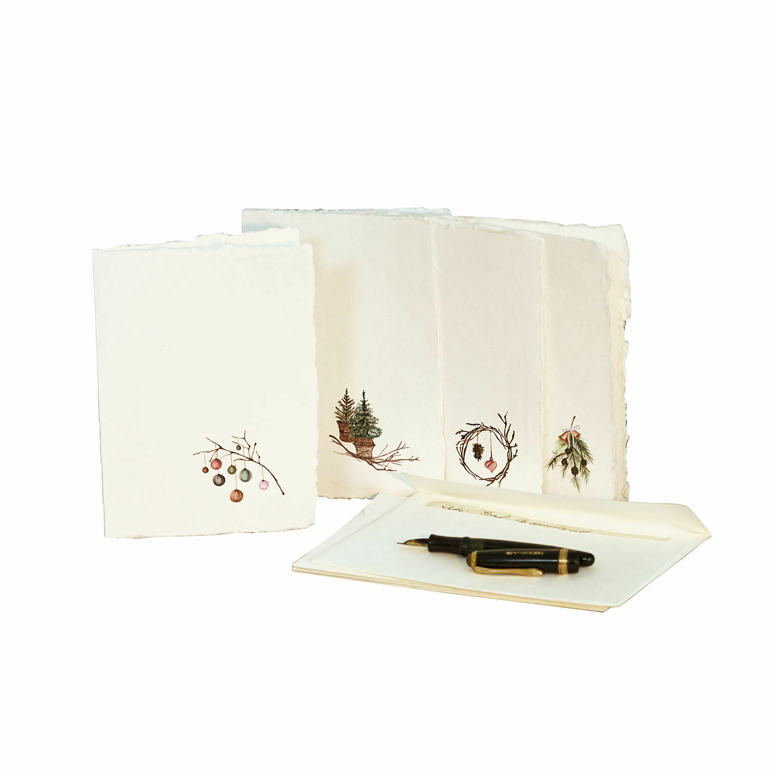 Grusskarte 4er Set Velorine Set aus Naturpapier-Grußkarten mit Pflanzenmotiven und schwarzem Füllfederhalter zum Schreiben