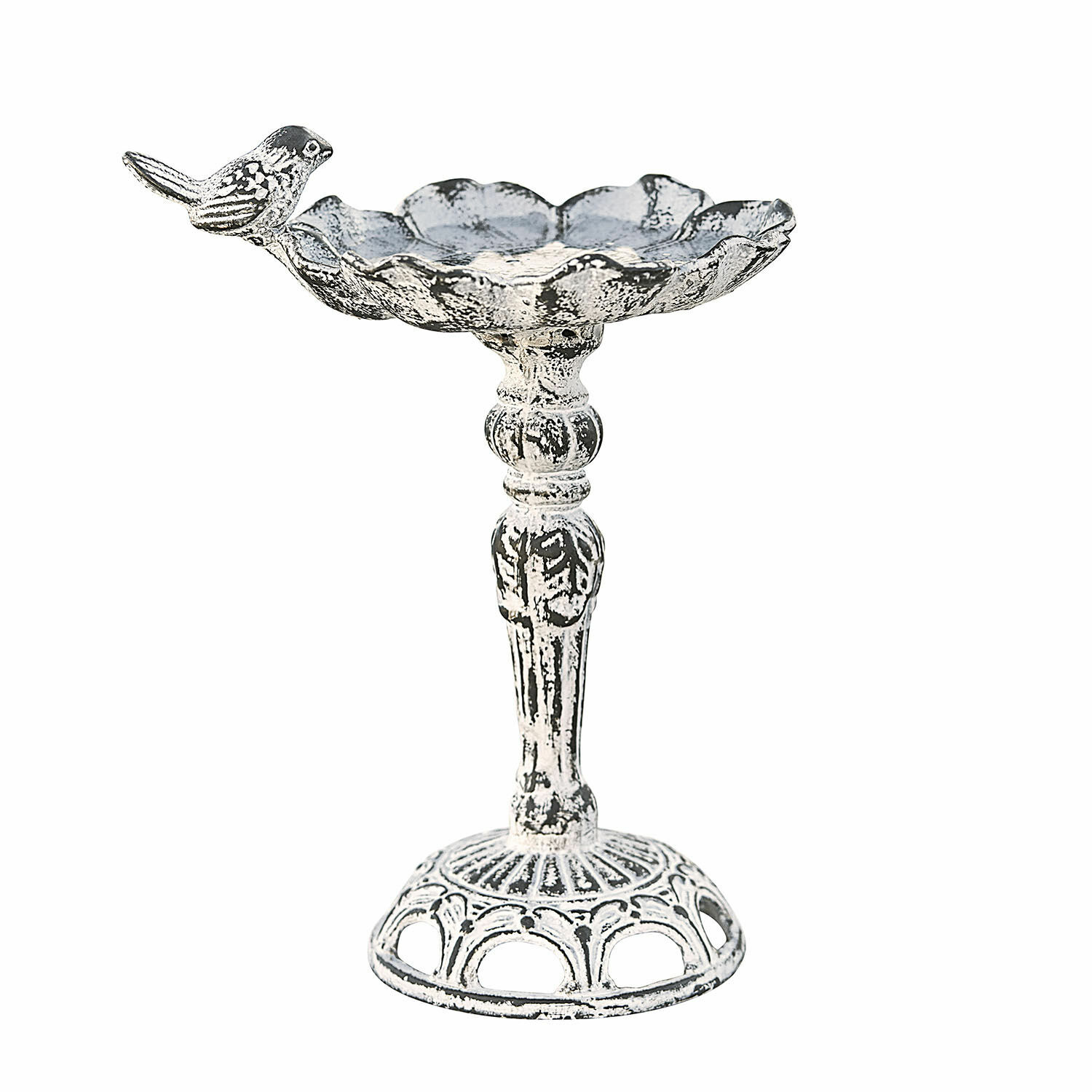 Vogeltränke Petrofani Weisses Metallschälchen auf Ständer mit dekorativem Vogel, Gartenaccessoire im Used-Look