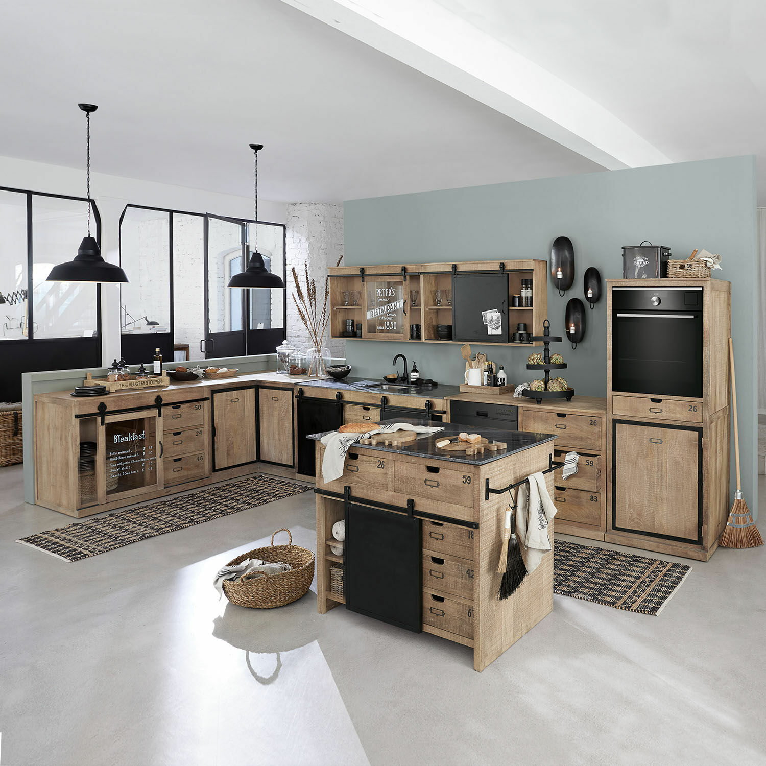 Küche 5er Set Oakland Geräumige Küche mit hellen Holzmöbeln und schwarzen Metallakzenten im modernen Industrie-Stil