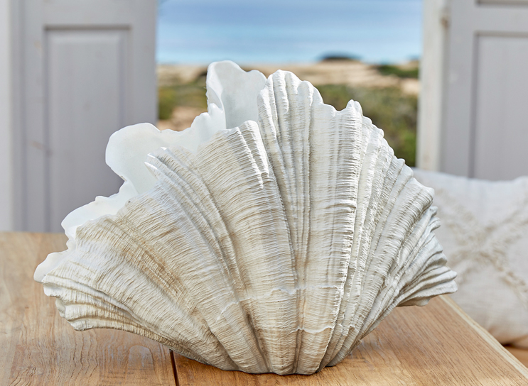 Weisse Muschel-Dekoration aus Kunstmaterial auf Holztisch im maritimen Wohnstil