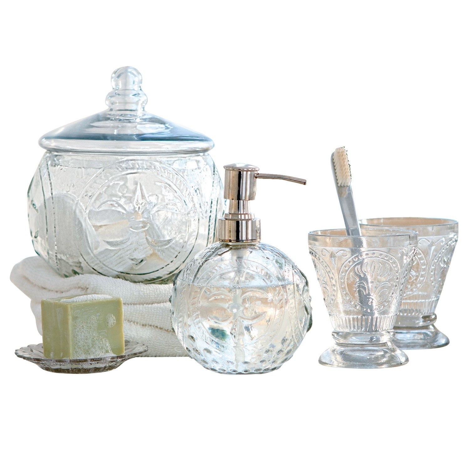 Bad-Set Luton Glas-Badezimmer-Set mit Spender und Vorratsglas im klaren Design mit dekorativem Muster